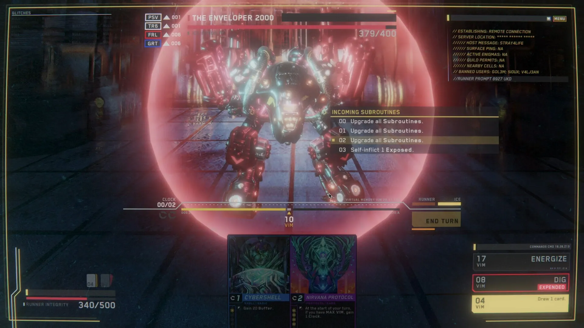 Into The Grid: Combat with The Enveloper 2000 in cyberspace, player deck and subroutine list visible