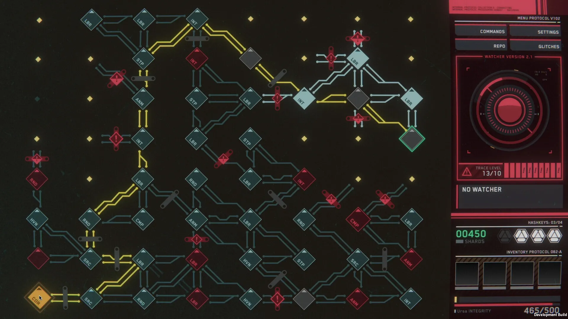 Into The Grid: Circuit puzzle interface with pathways and nodes, sidebar displays commands and trace level.
