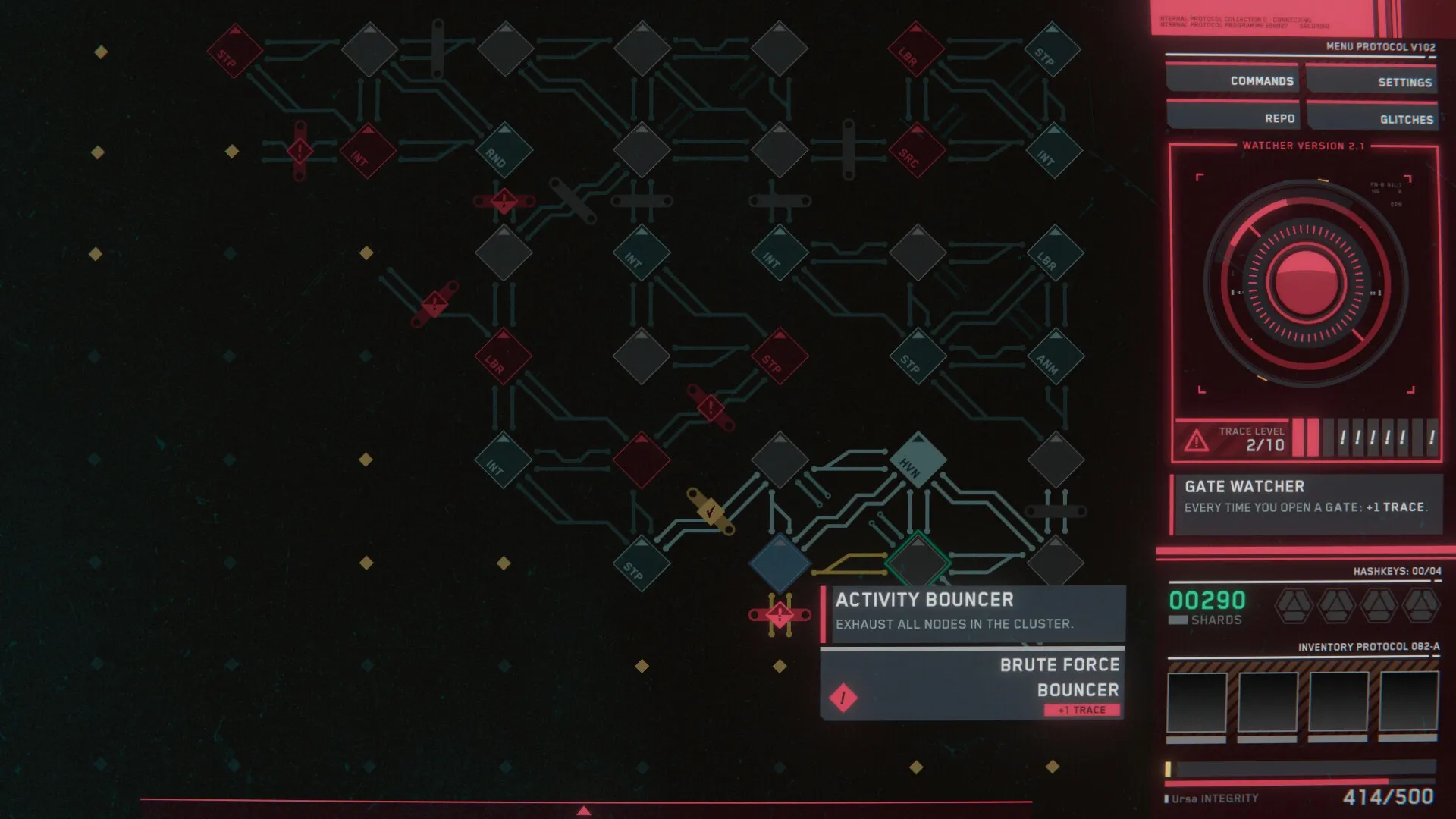 Into The Grid: Circuit board puzzle with nodes and commands interface on the right, trace level indicator visible.