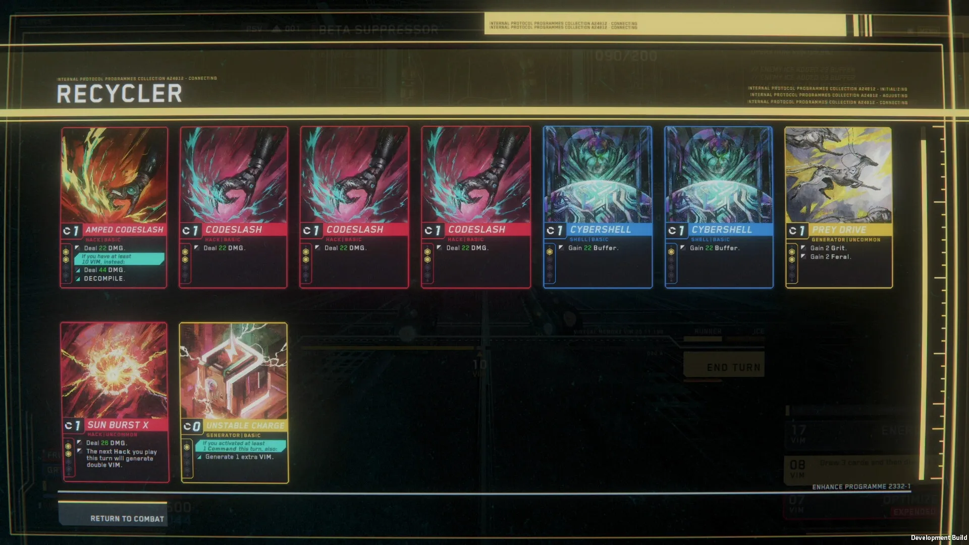 Into The Grid: Deckbuilding screen featuring various hacking cards in a cyberpunk interface