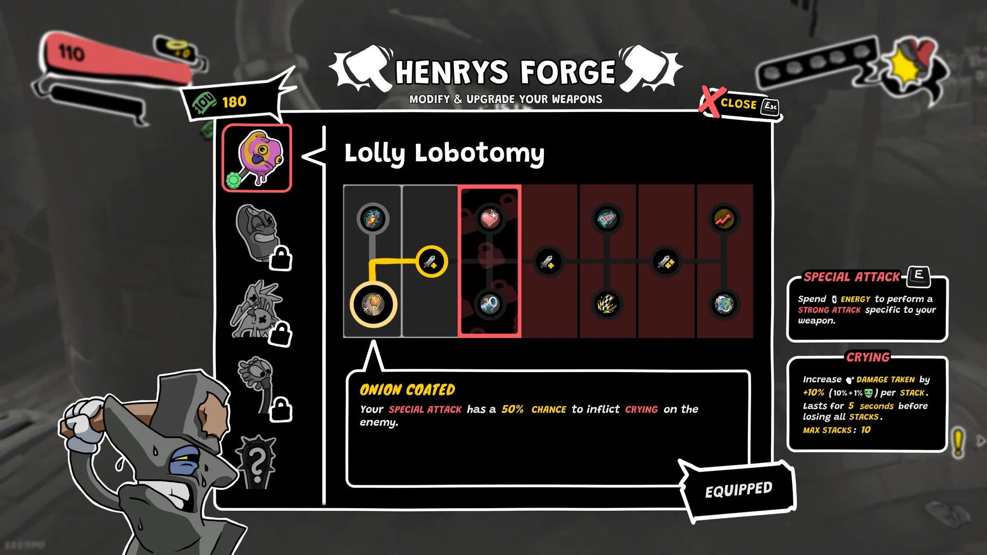 Into The Unwell: Henry's Forge interface with Lolly Lobotomy weapon upgrade tree and special attack details.