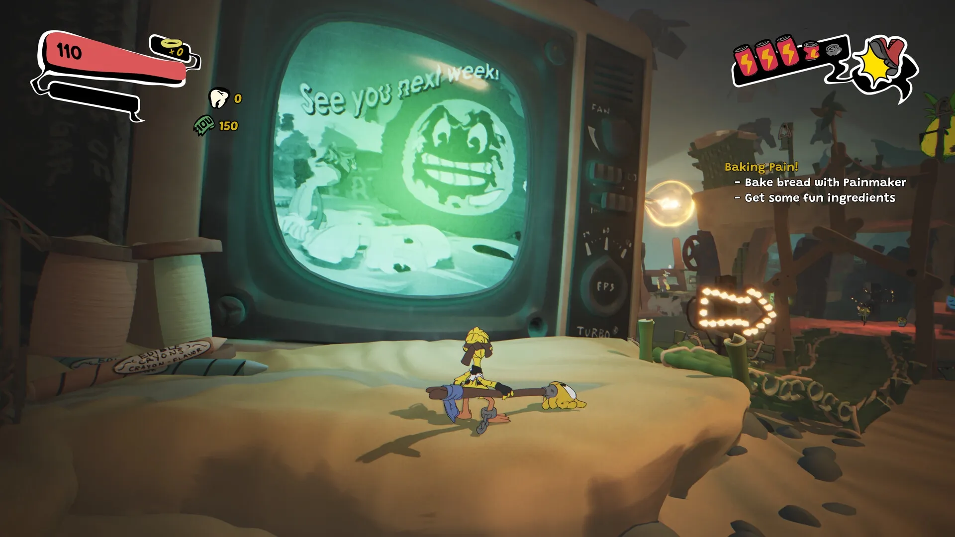 Into The Unwell: Character with mop weapon in a surreal, sandy environment, TV displays "See you next week!"
