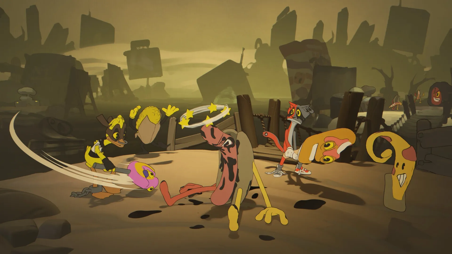Into The Unwell: Cartoon characters in a desolate landscape, one dizzy with stars over its head