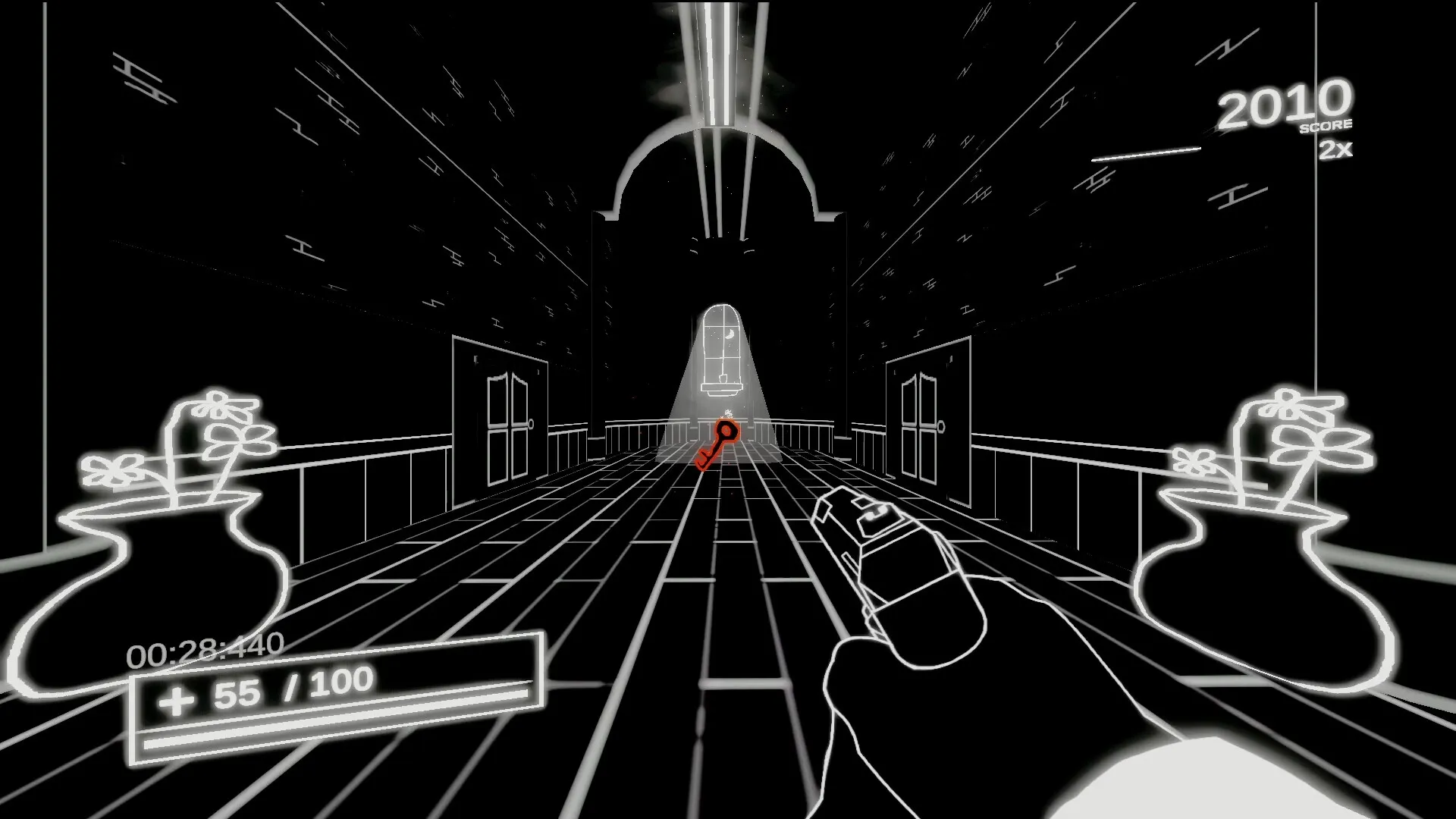 Into the Void: First-person view in a monochrome corridor with a glowing red key and health status.