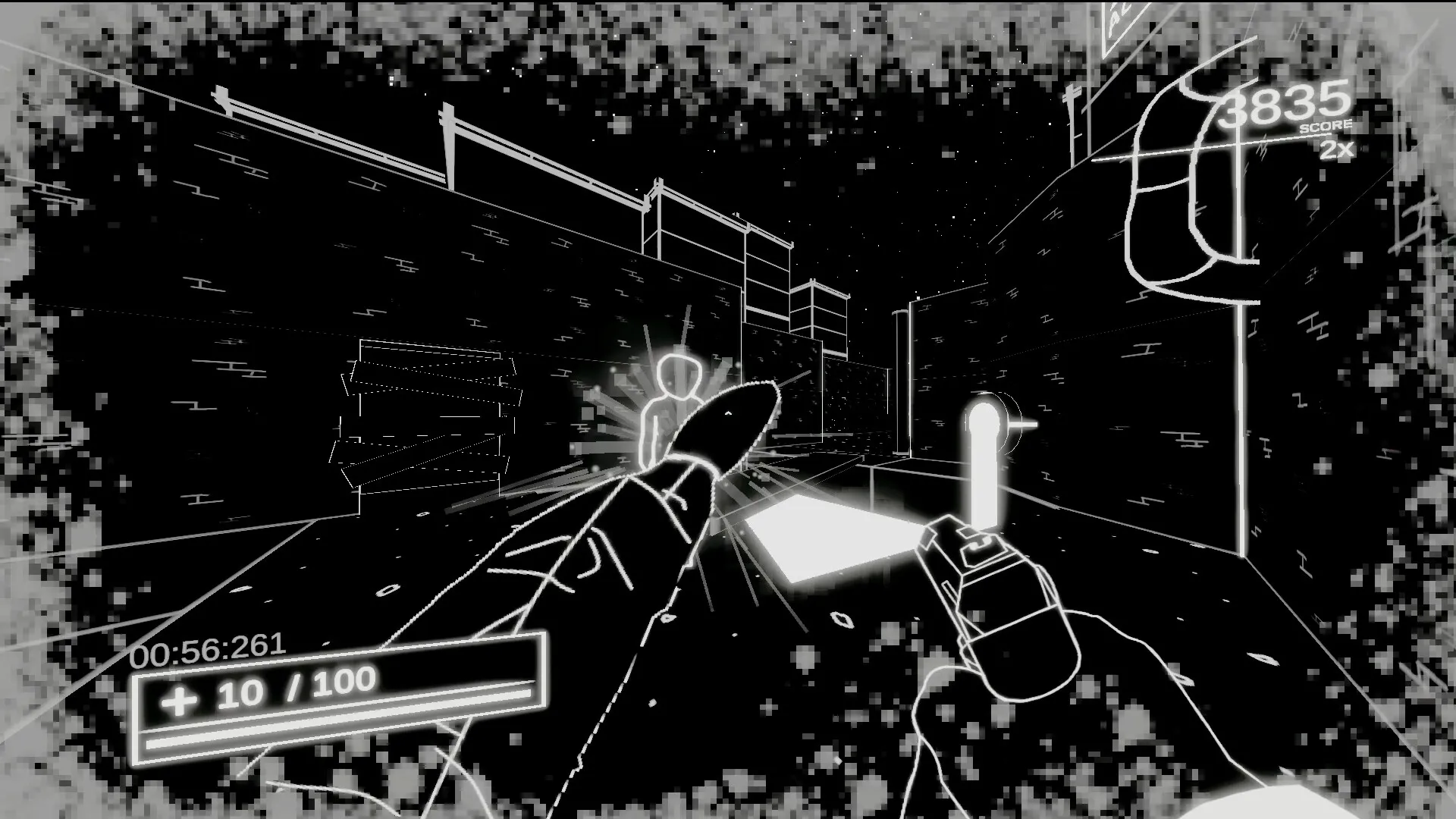 Into the Void: First-person combat with glowing enemy and score display in monochrome city street setting