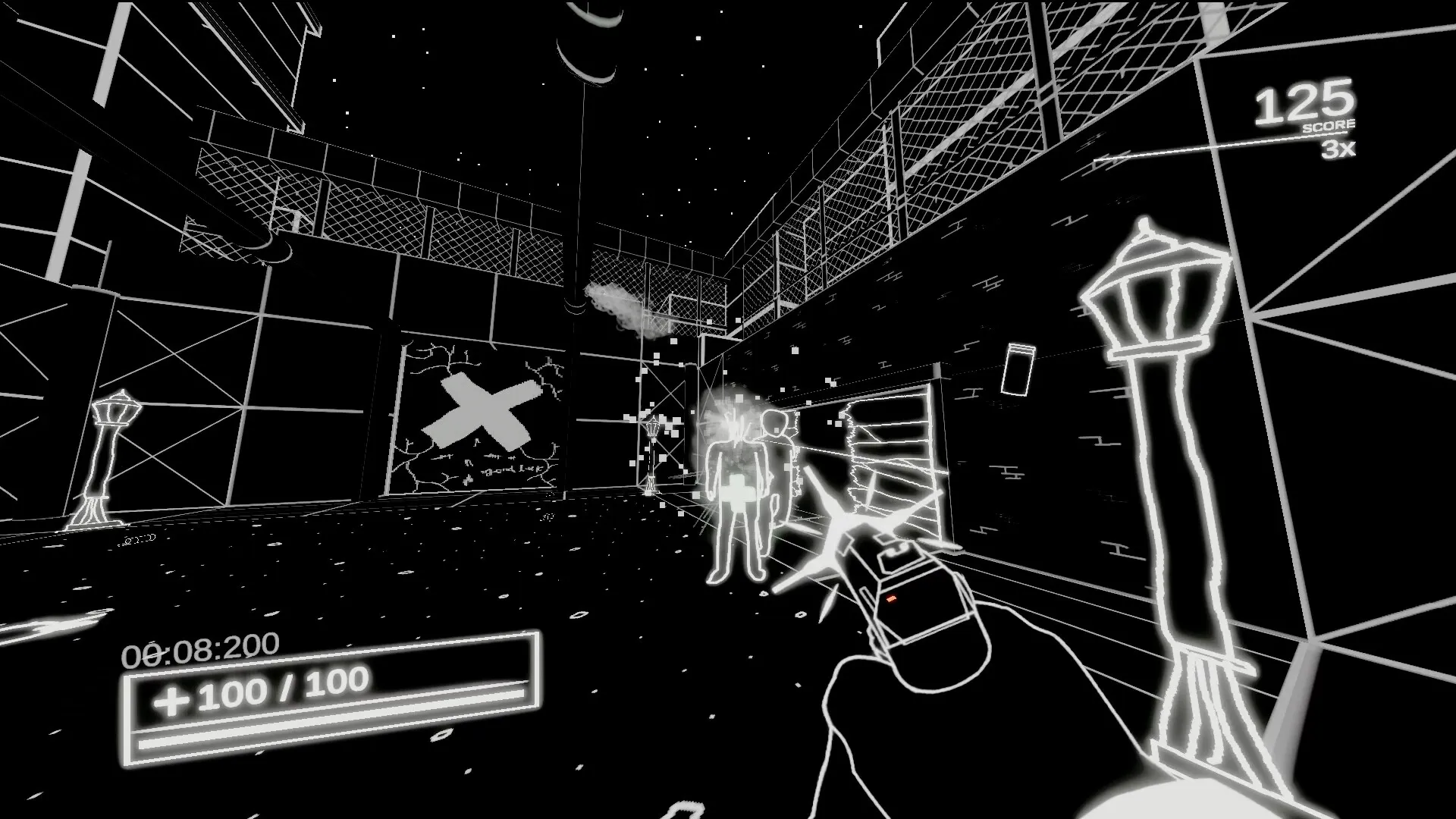 Into the Void: First-person combat with glowing enemies in a dark, industrial alley environment