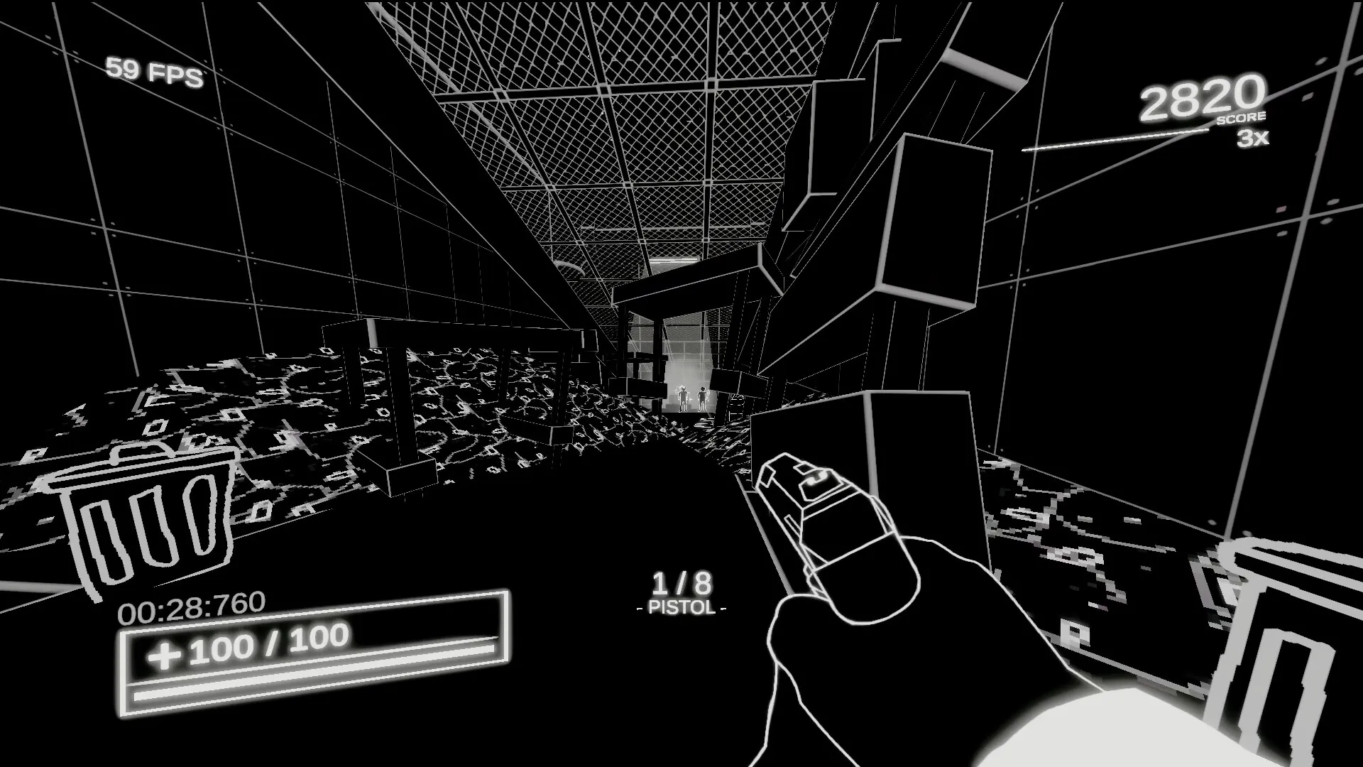 Into the Void: First-person view with pistol in hand, navigating a futuristic corridor full of debris