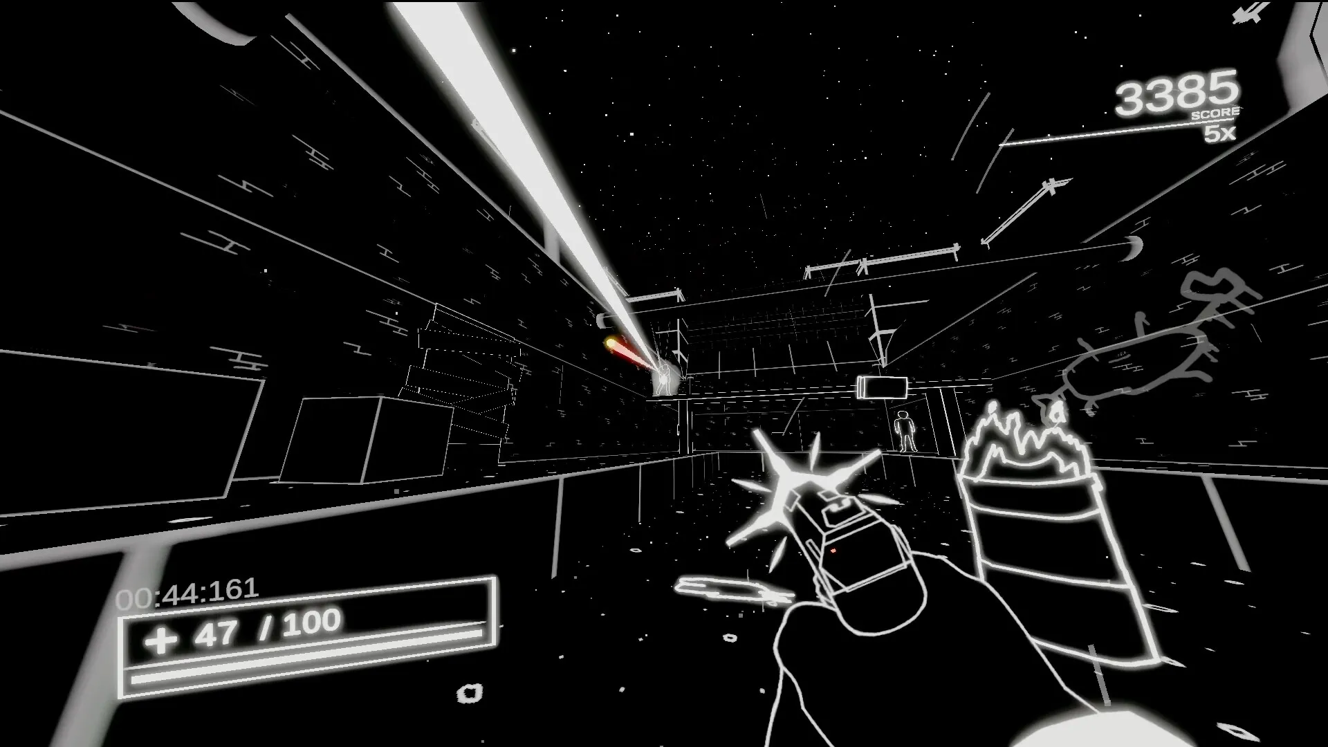 Into the Void: First-person shooting with John Void in a neon-lit corridor, score and ammo displayed