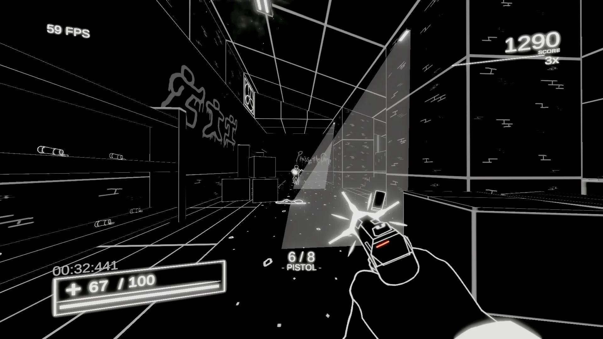 Into the Void: First-person gunfight with enemies in a neon-outlined corridor, score and ammo visible