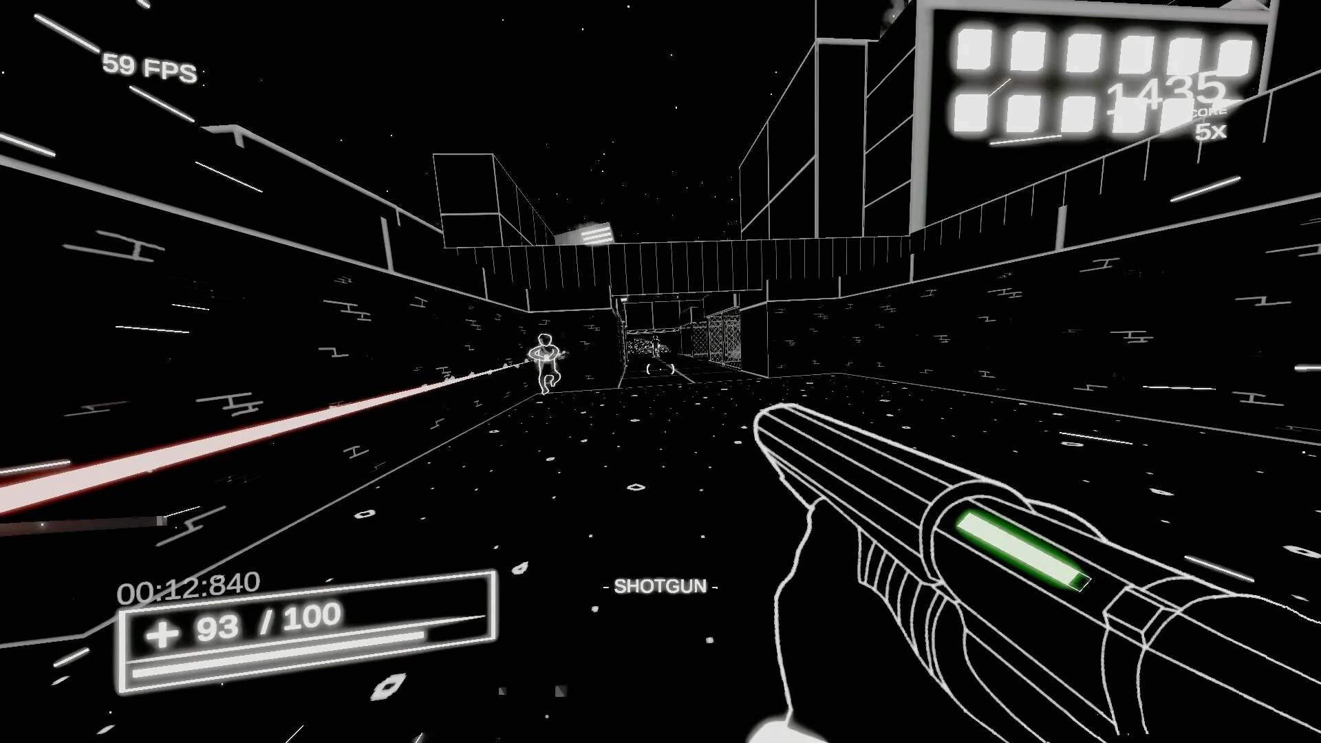 Into the Void: First-person view with shotgun in neon-lit corridor, HUD shows health and score