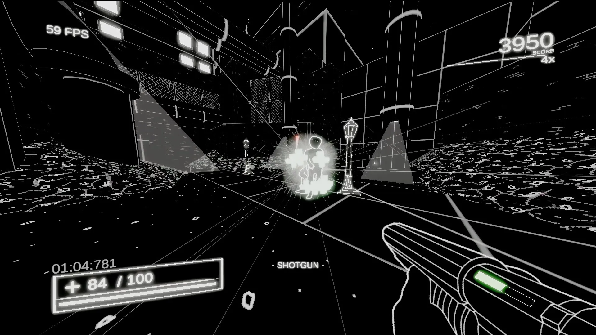 Into the Void: First-person combat with shotgun in neon-lit urban environment, score and health displayed