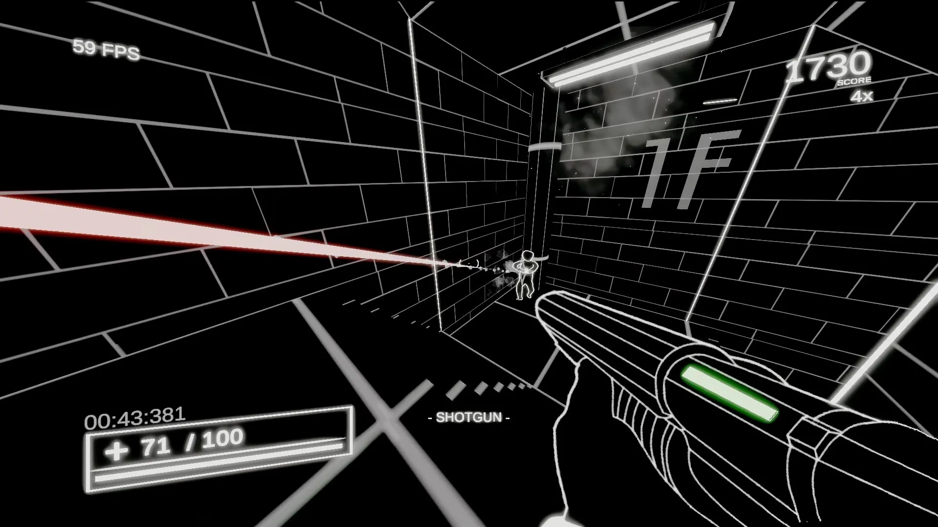 Into the Void: First-person combat with shotgun in a neon-lit corridor, targeting an enemy figure