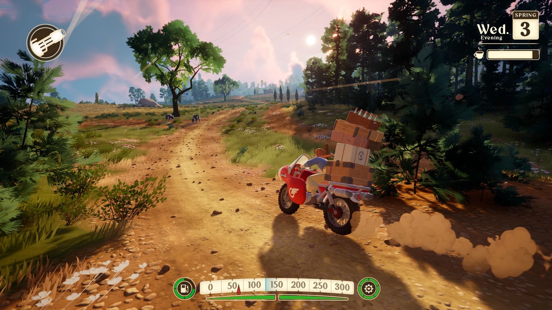 Into the Wind: Rider hauls stacked crates on a red bike down a dirt road at sunset, HUD visible.