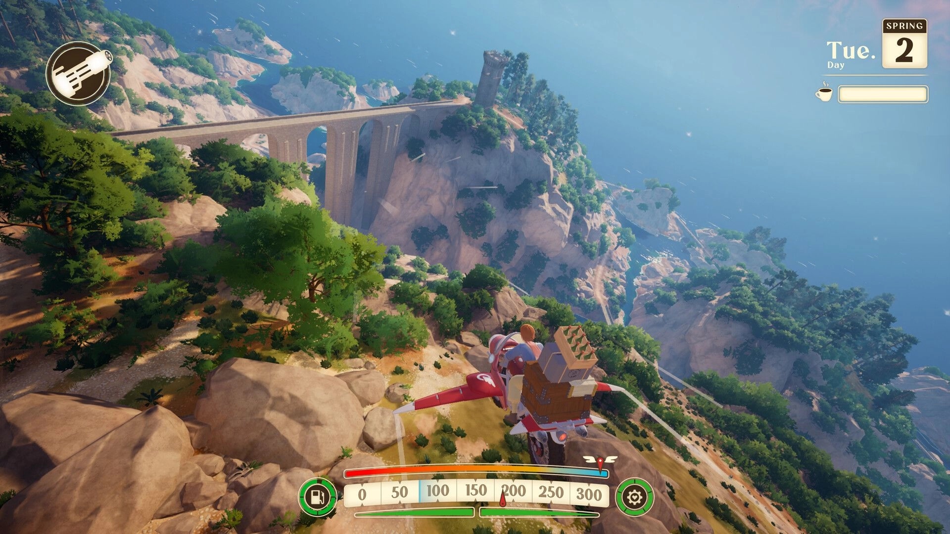 Into the Wind: Delivery rider on red bike-plane overlooking coastal cliffs and bridge, Tue 2 UI visible.