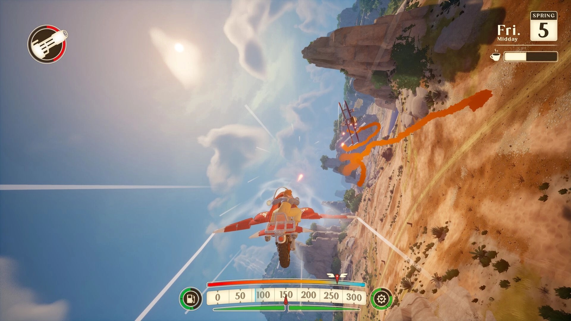 Into the Wind: Flying motorcycle-plane chases a biplane over desert cliffs with speed gauge and date UI.