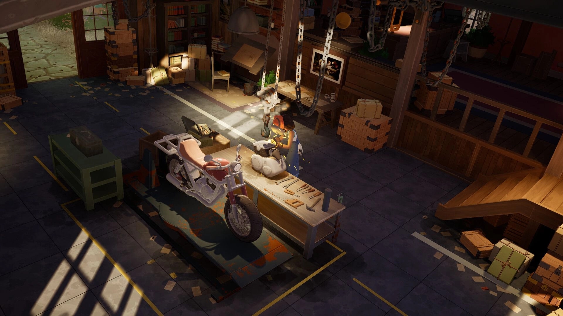 Into the Wind: Mechanic repairs a motorcycle on a workbench in a cluttered warehouse garage interior.