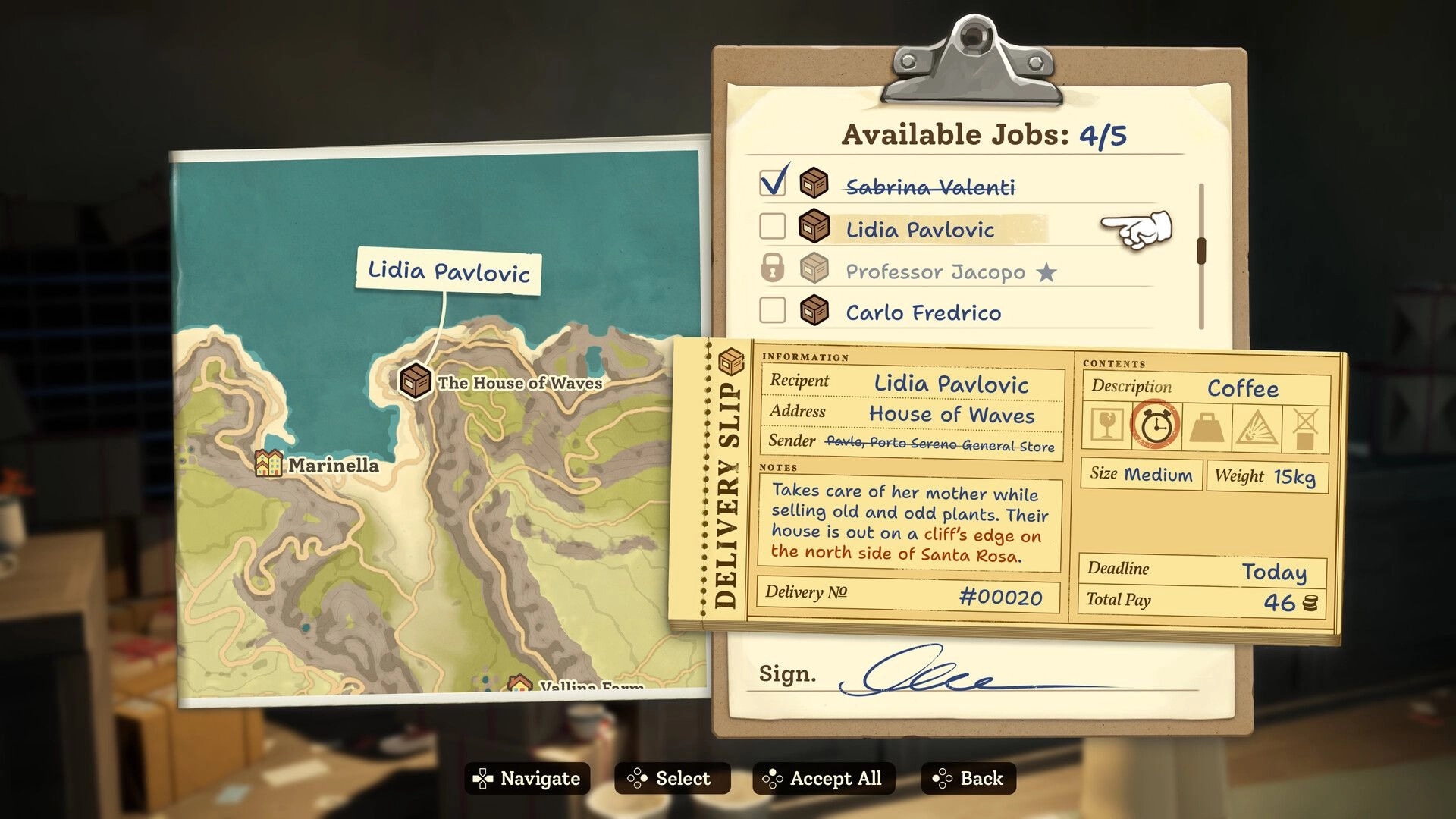 Into the Wind: Delivery jobs menu selecting Lidia Pavlovic with map and coffee parcel details UI.