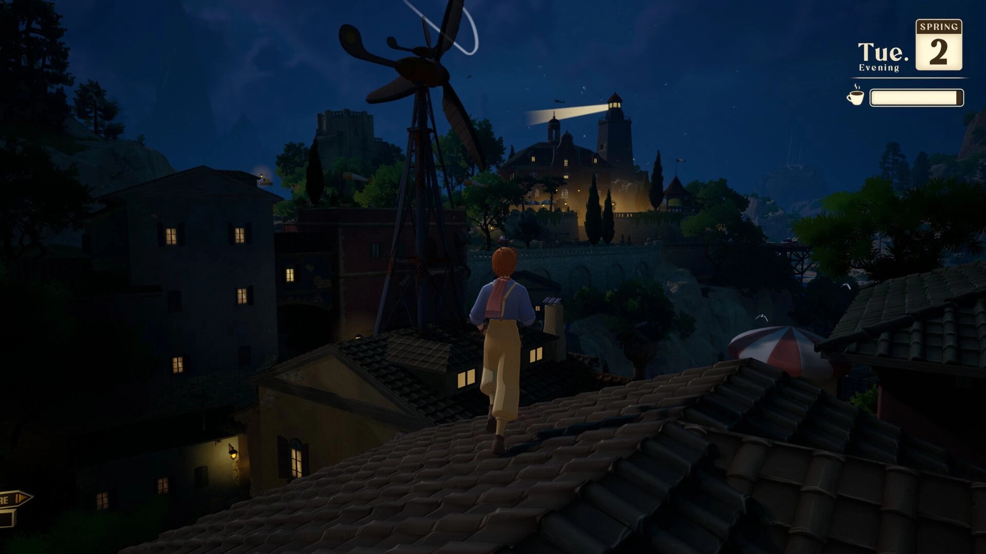 Into the Wind: Player character walks on rooftops at night overlooking windmill and lighthouse UI date Tue 2.