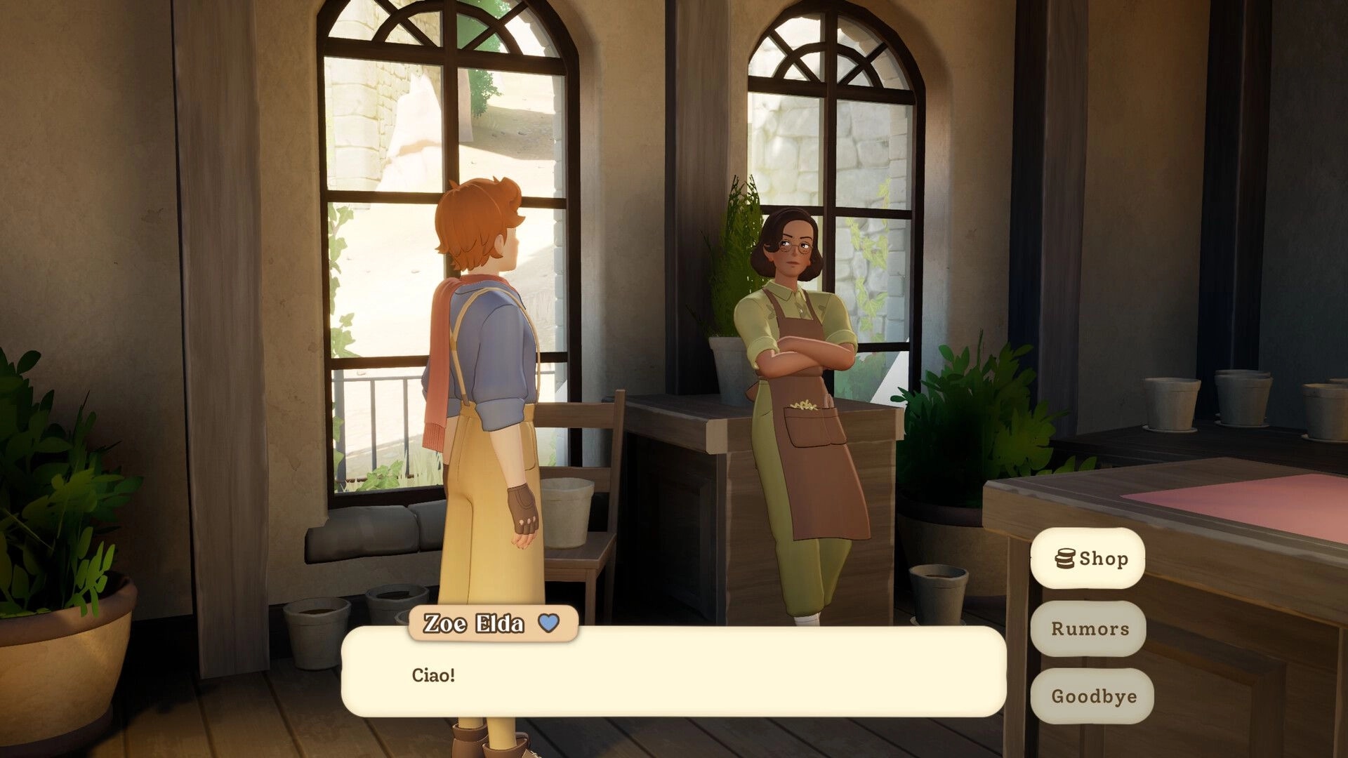 Into the Wind: Chatting with Zoe Elda at a plant shop counter, dialogue and Shop/Rumors UI options.