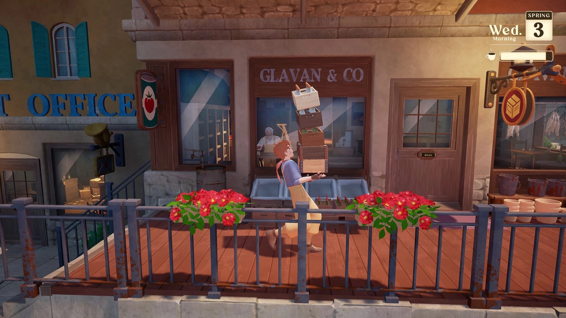Into the Wind: Courier balances stacked crates outside Glavan & Co shopfront, spring morning UI visible.