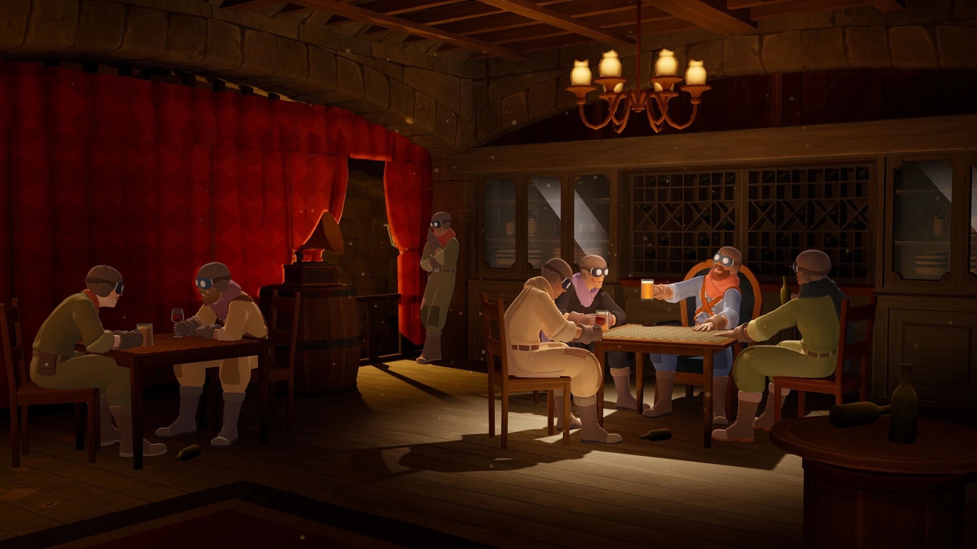 Into the Wind: Pilots in goggles drink and play cards in a warm tavern with red curtains and bottles.