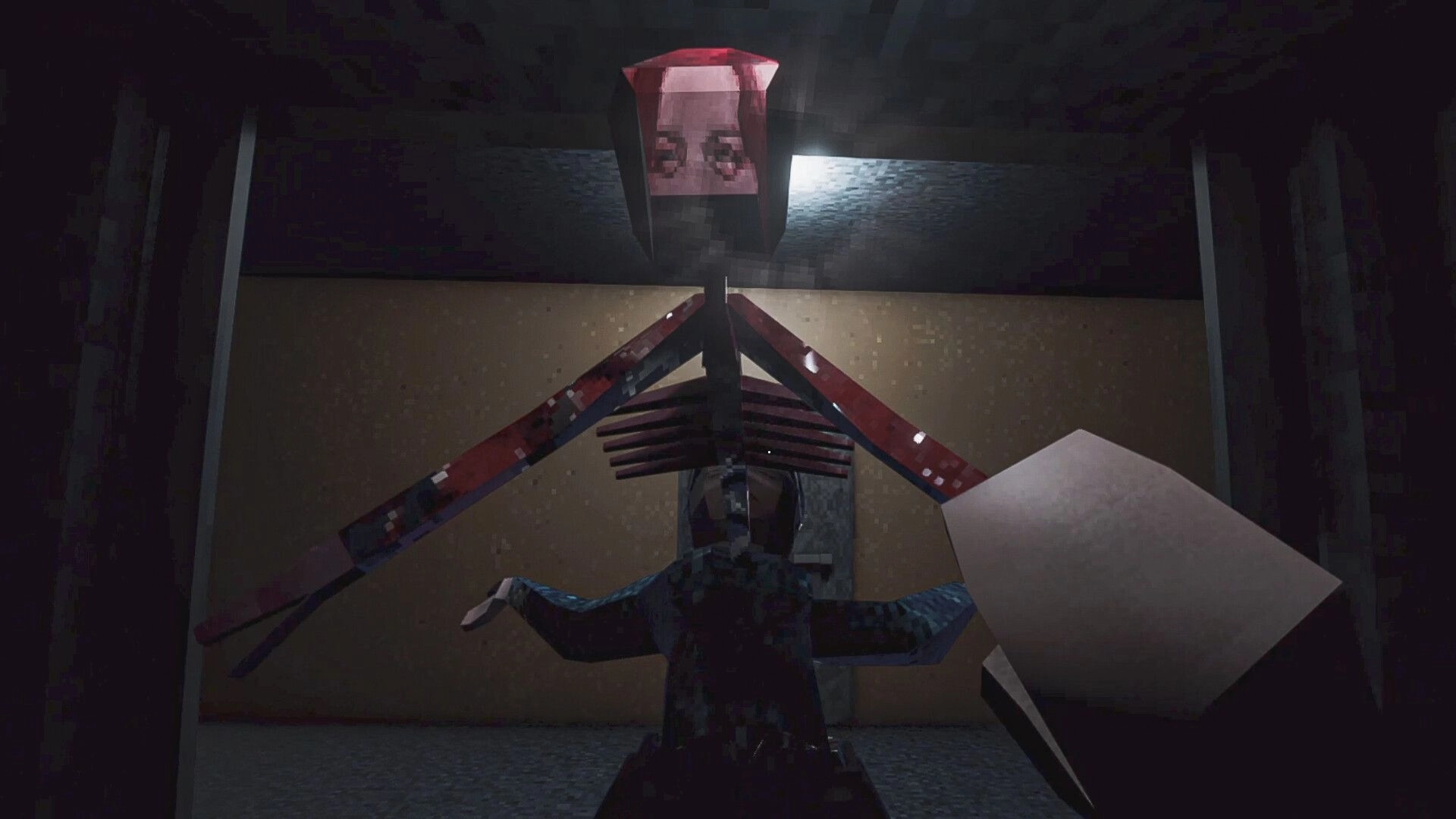 Intown Nightmares: Confrontation with a towering, eerie creature in a dimly lit hallway