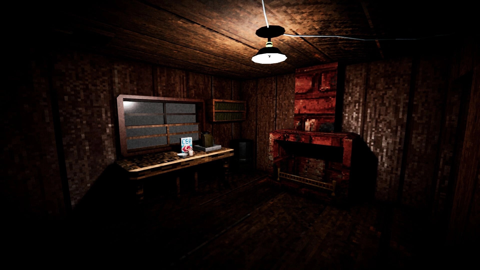 Intown Nightmares: Dimly lit wooden room with cluttered desk, old red shelves, and single hanging light.