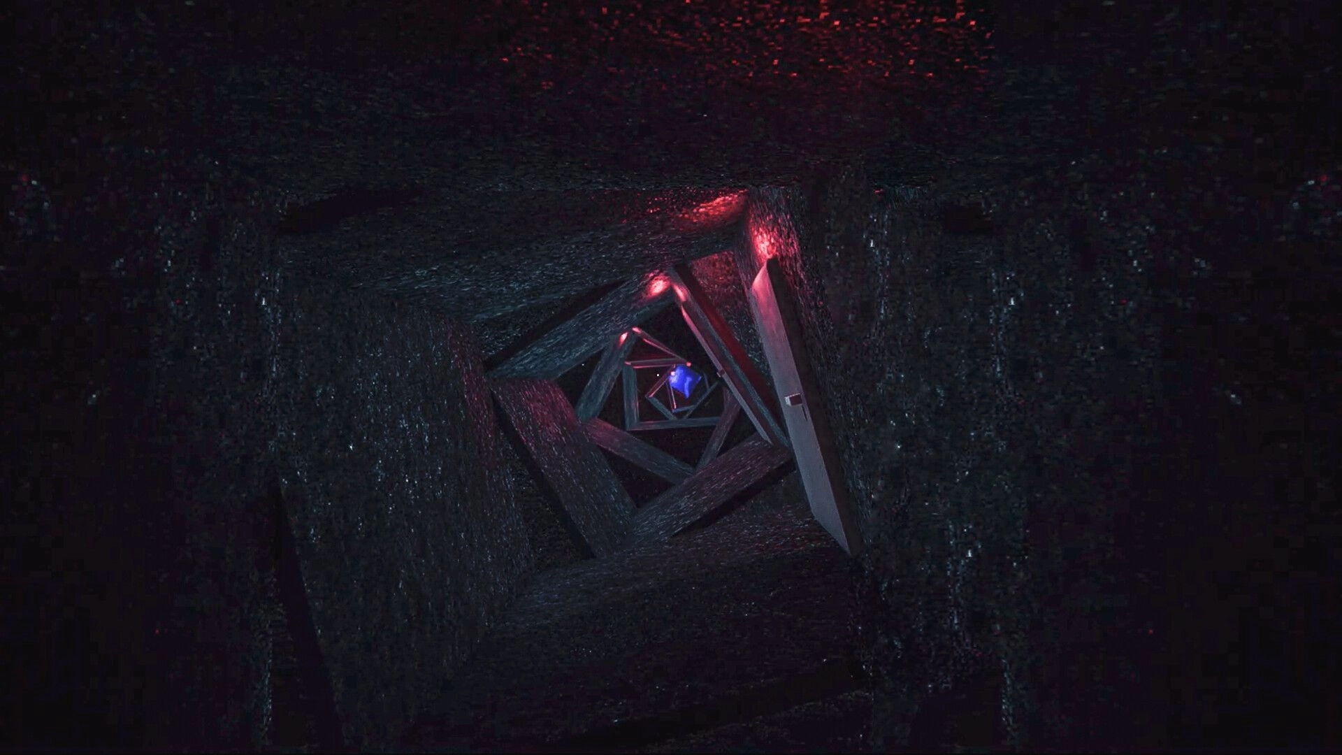 Intown Nightmares: Descending spiral staircase with eerie red lighting in a dark, ominous environment