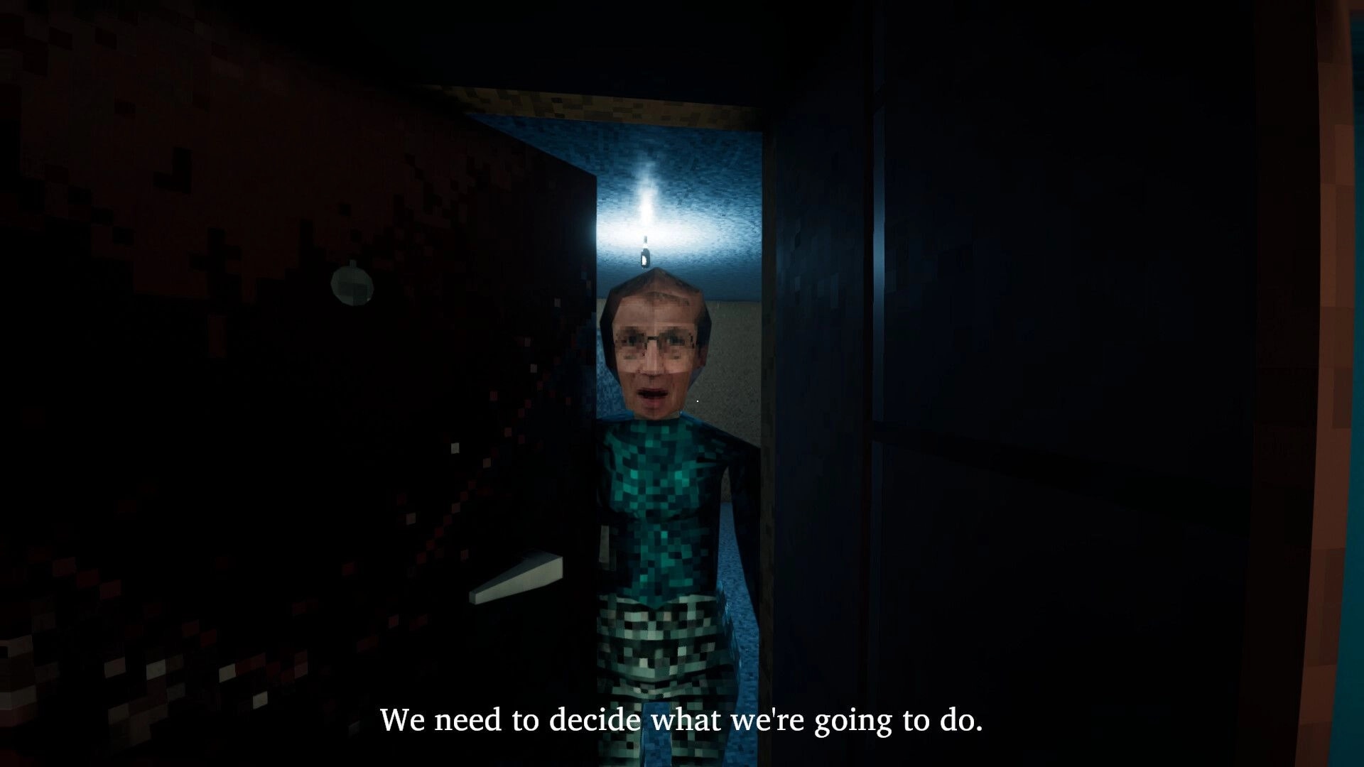 Intown Nightmares: Character in doorway with dim lighting, dialogue subtitle below in a dark corridor