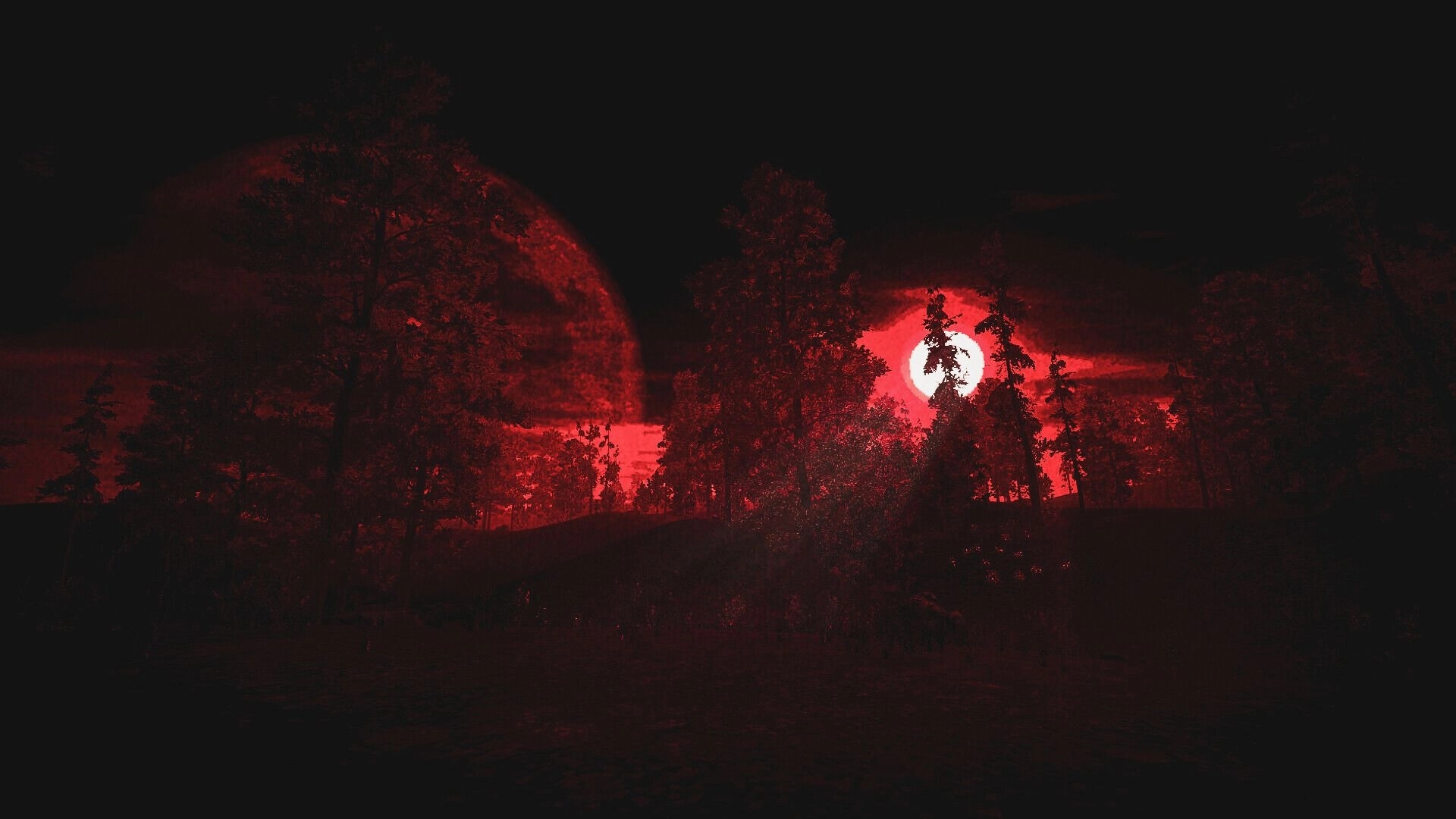 Intown Nightmares: Eerie red-tinted forest with a full moon illuminating the dense trees at midnight