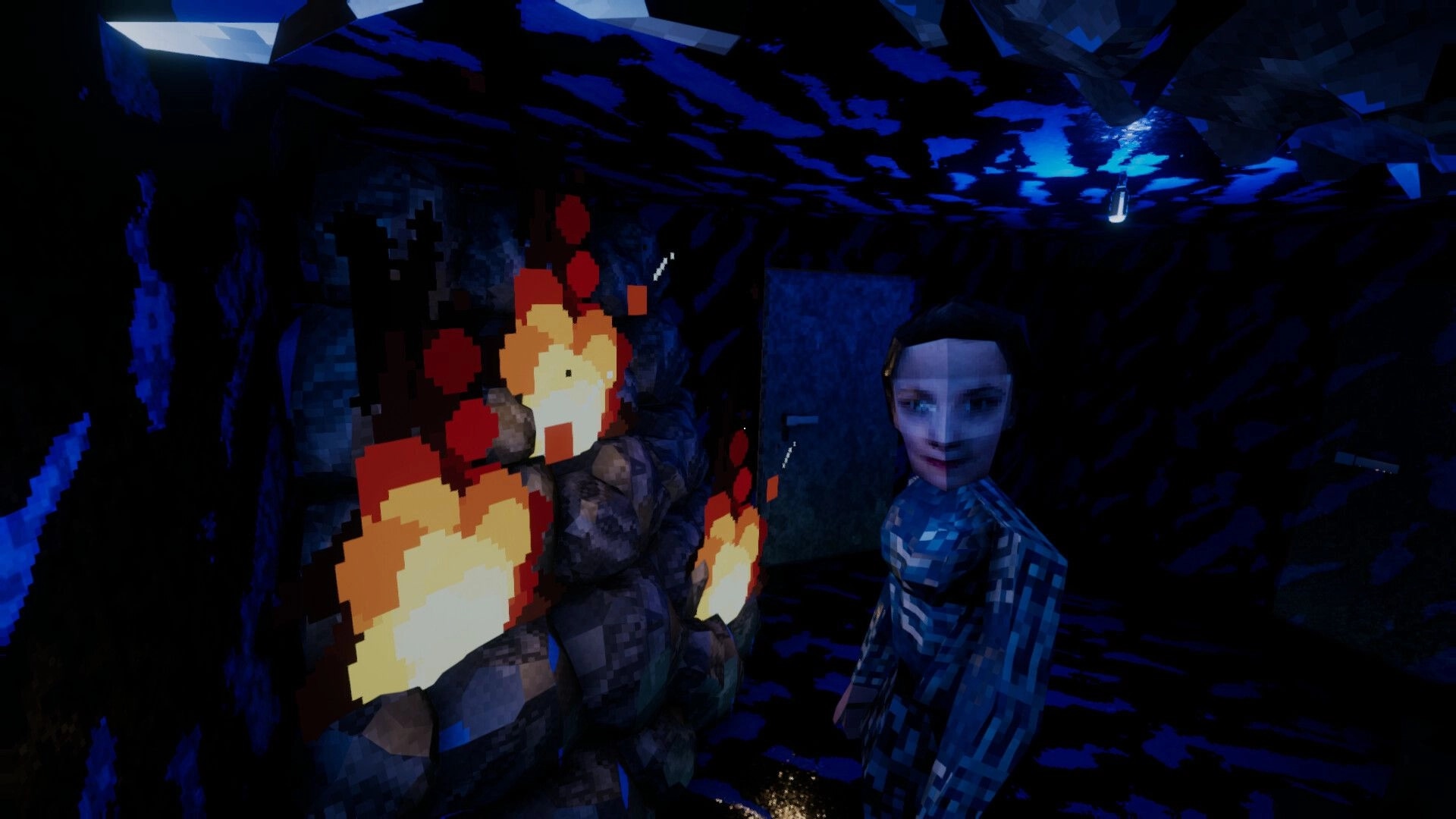 Intown Nightmares: Character in blue room with pixelated flames and eerie lighting