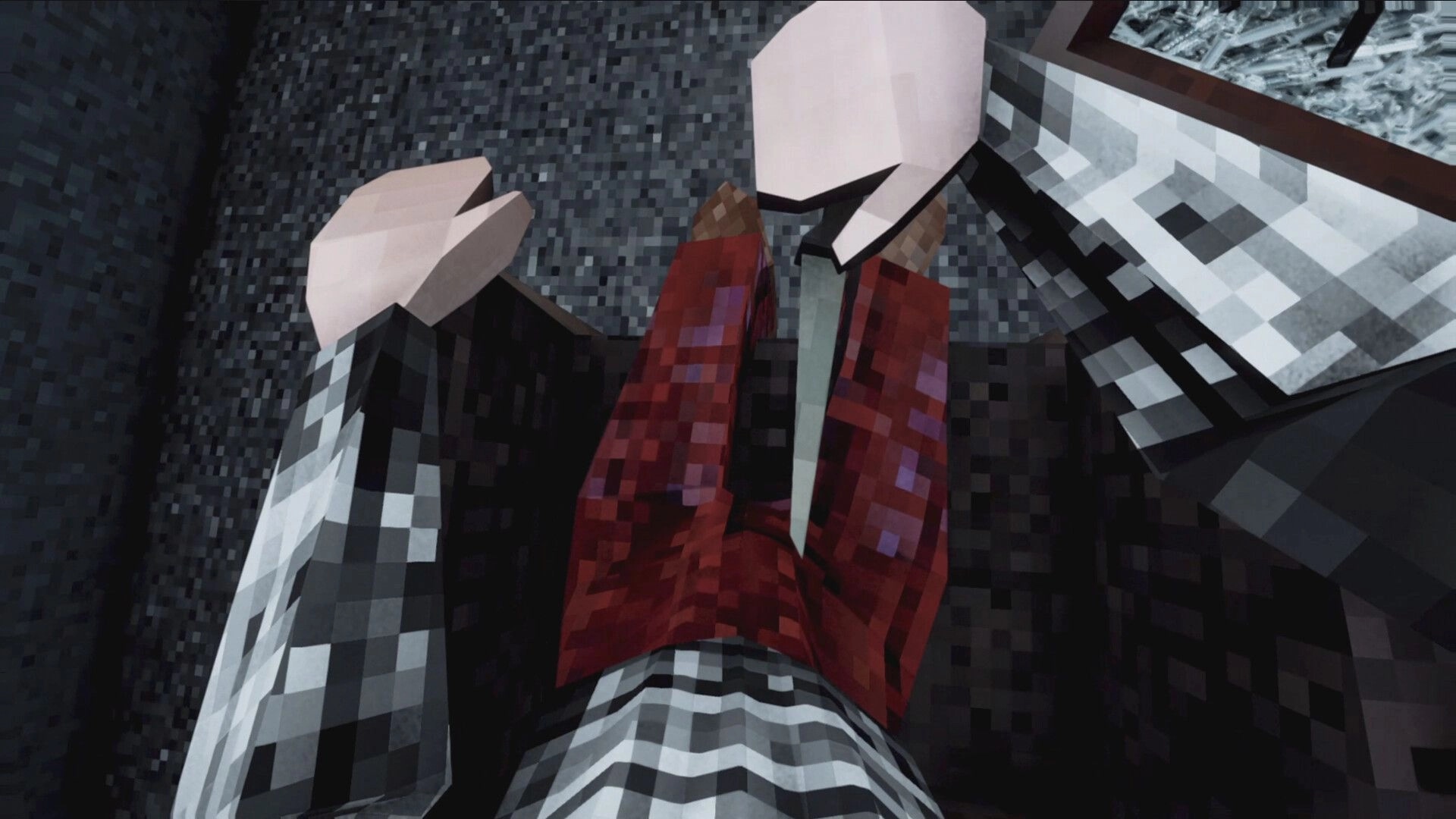 Intown Nightmares: Pixelated character in red trousers sitting against dark, textured wall indoors
