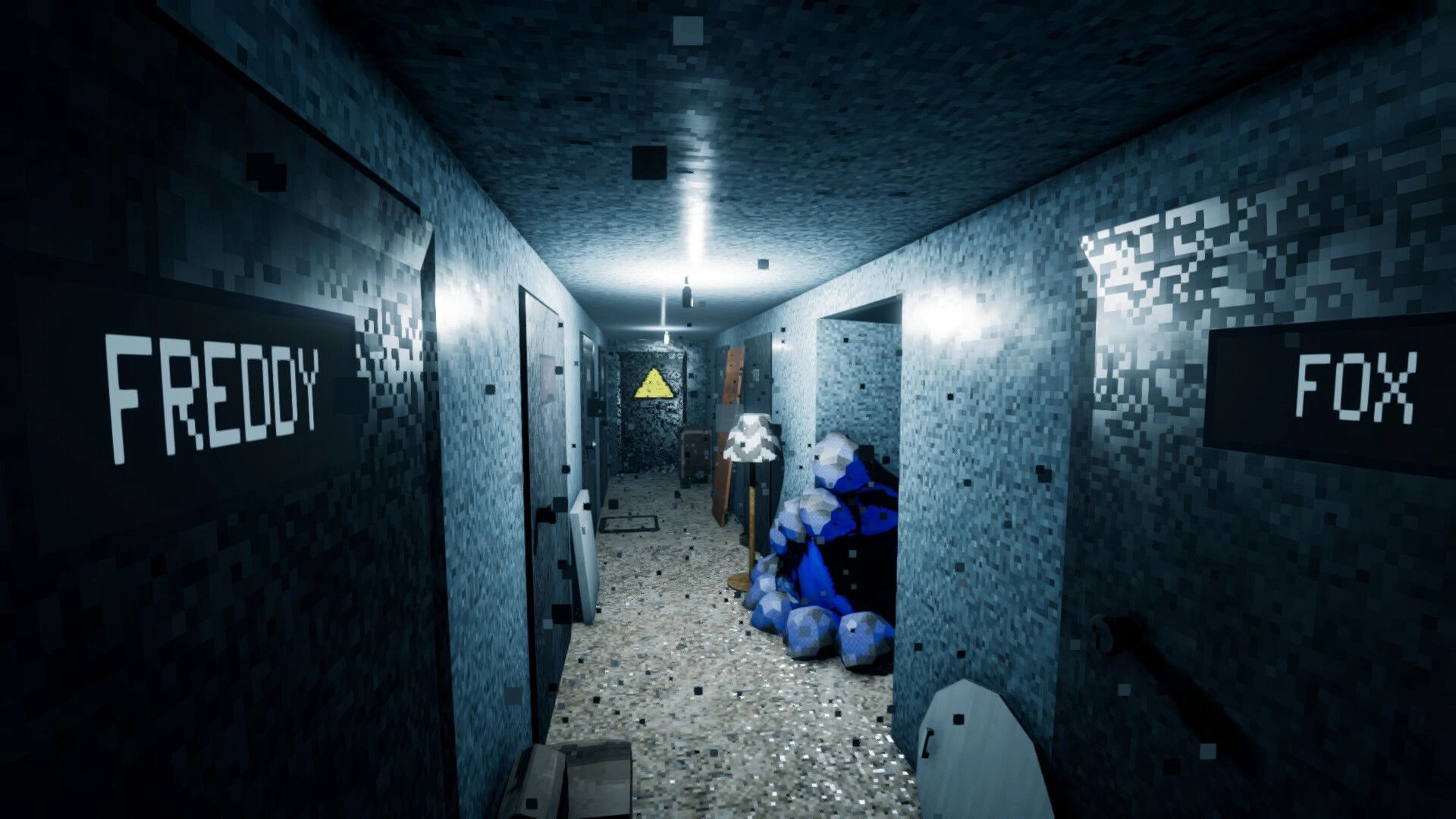 Intown Nightmares: Eerie hallway with dim lighting, pixelated walls, and labeled doors "FREDDY" and "FOX"