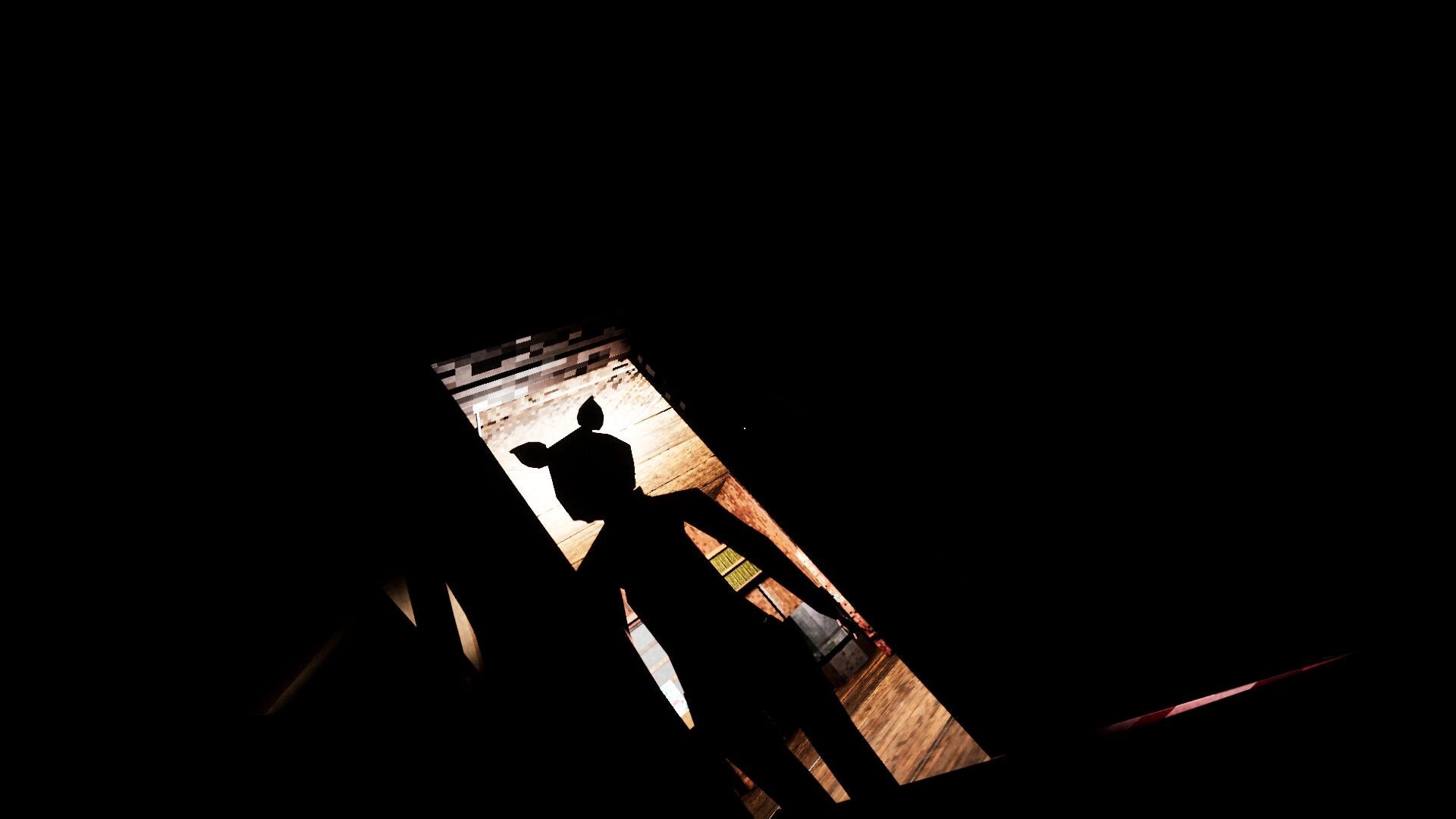 Intown Nightmares: Shadowy figure with animal ears in dimly lit wooden room doorway