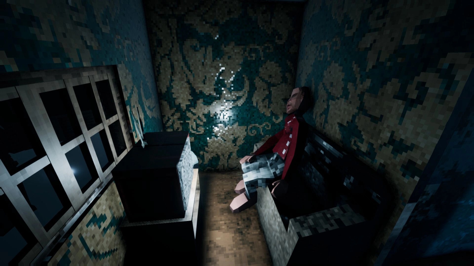 Intown Nightmares: Character sitting in dim room with patterned walls and old television set nearby