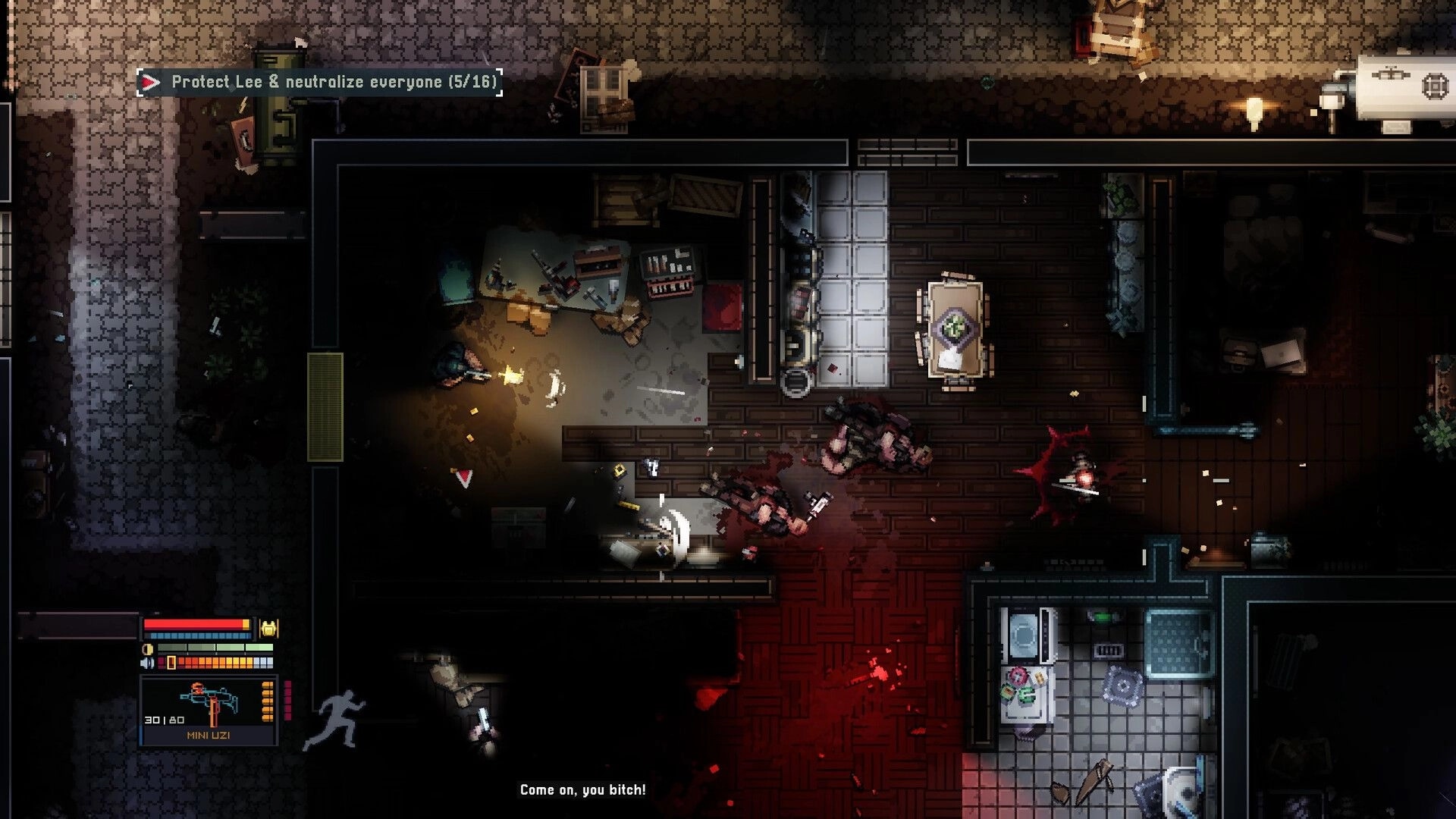 Intravenous 3: Top-down gunfight with Mini Uzi HUD in a house interior, bodies and blood on floor.