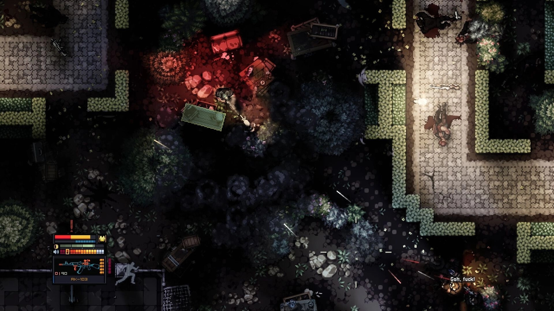 Intravenous 3: Top-down firefight with tracer rounds and blood splatter in a dark courtyard ruins area.