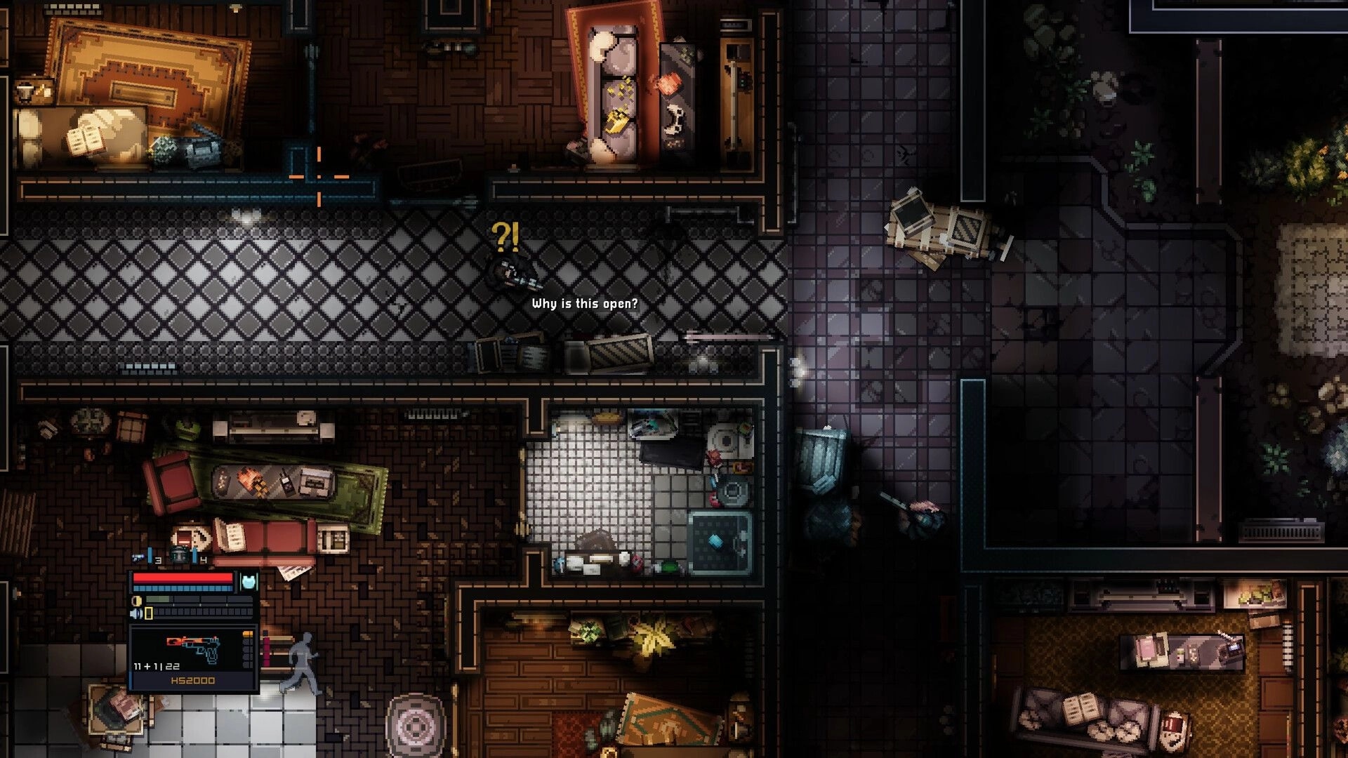 Intravenous 3: Guard spots open door with alert text in top-down mansion hallway, stealth UI visible.