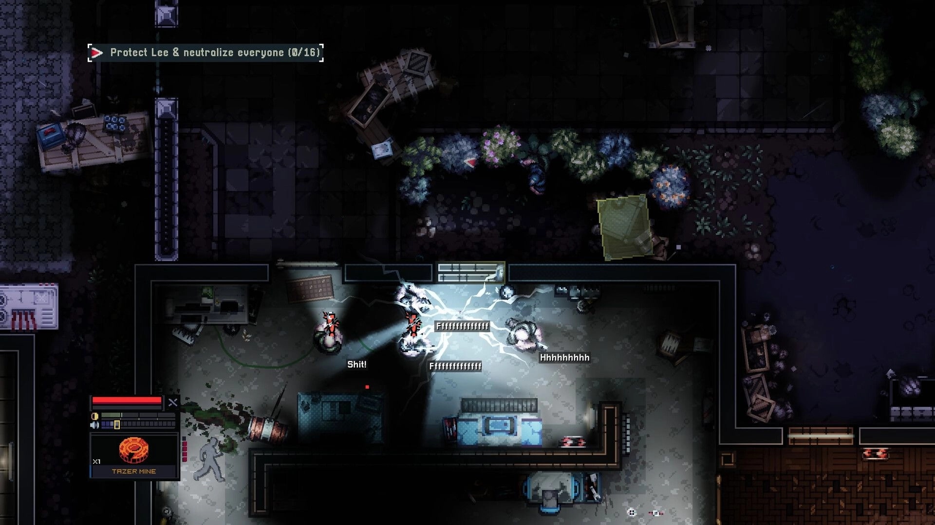 Intravenous 3: Player triggers electric trap on guards in a lab corridor with objective HUD and health bar.