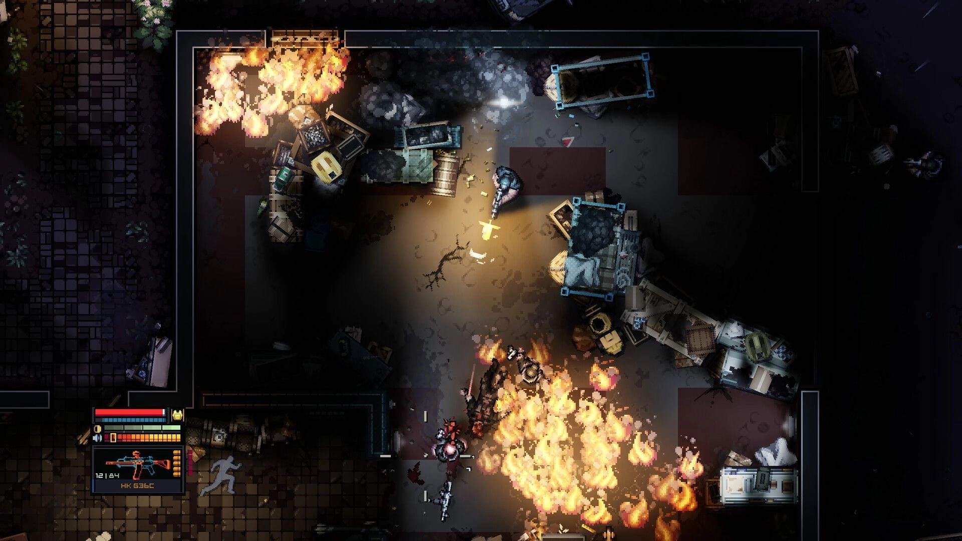 Intravenous 3: Top-down firefight amid burning debris and crates, HUD shows rifle ammo and health bars.