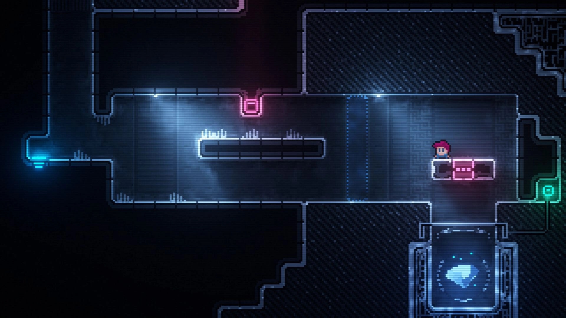 Inversion Day: Pixel hero stands on pink platform beside a green switch in a dim sci-fi corridor.