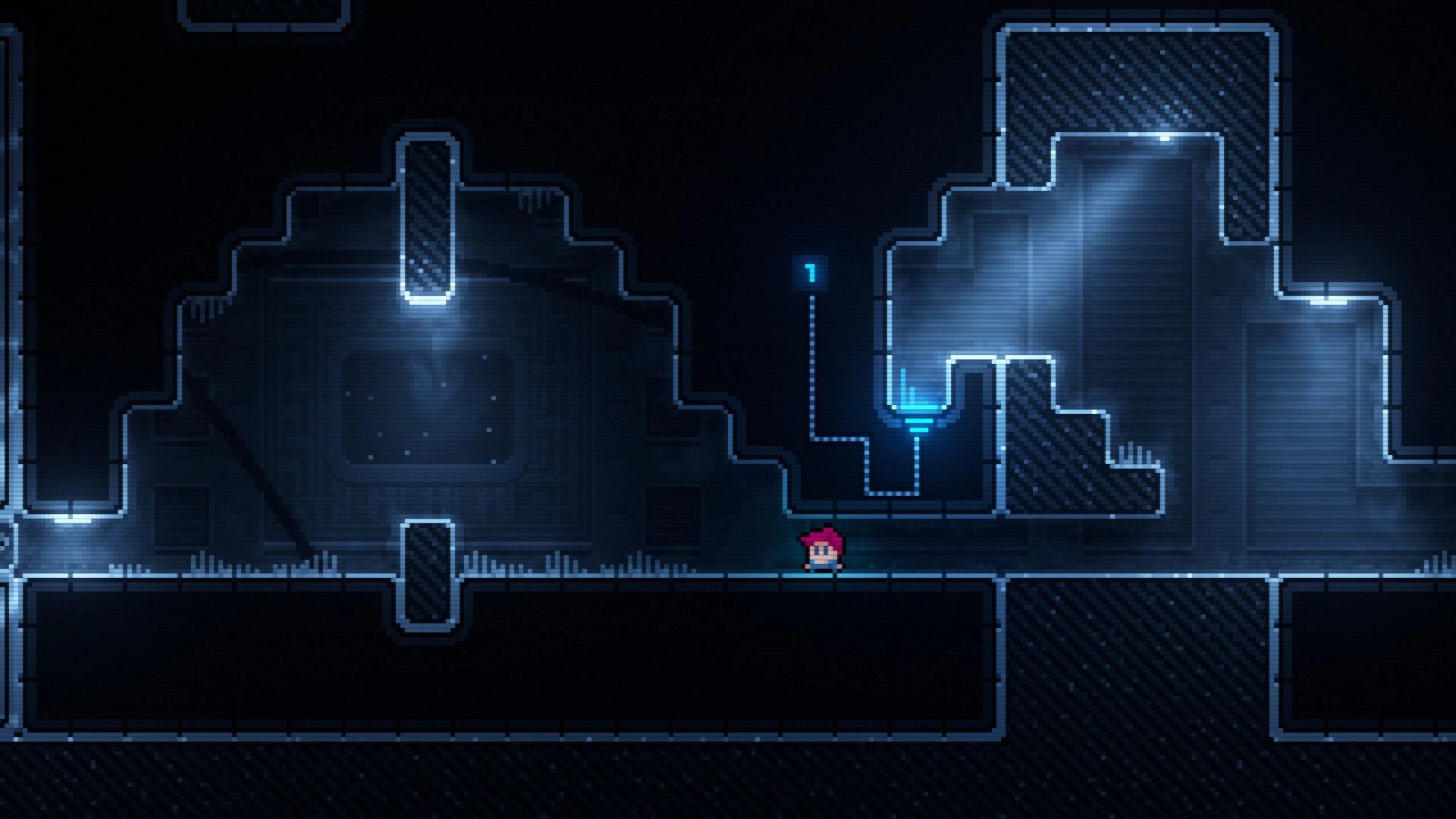 Inversion Day: Small pixel hero stands by glowing blue switch in a dark metallic spaceship corridor.