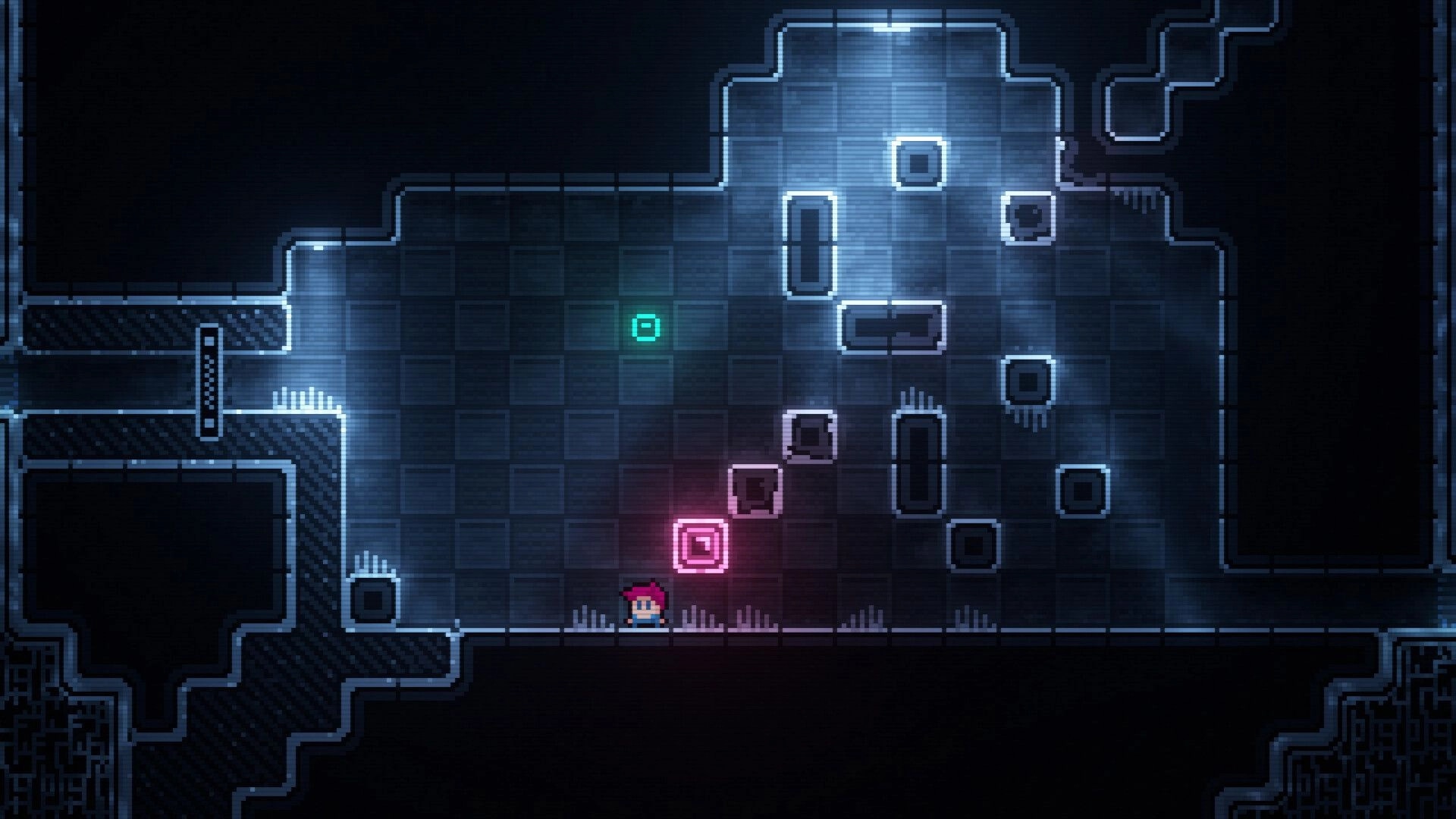 Inversion Day: Pixel hero stands by glowing pink block amid floating tiles in a dark sci-fi chamber.