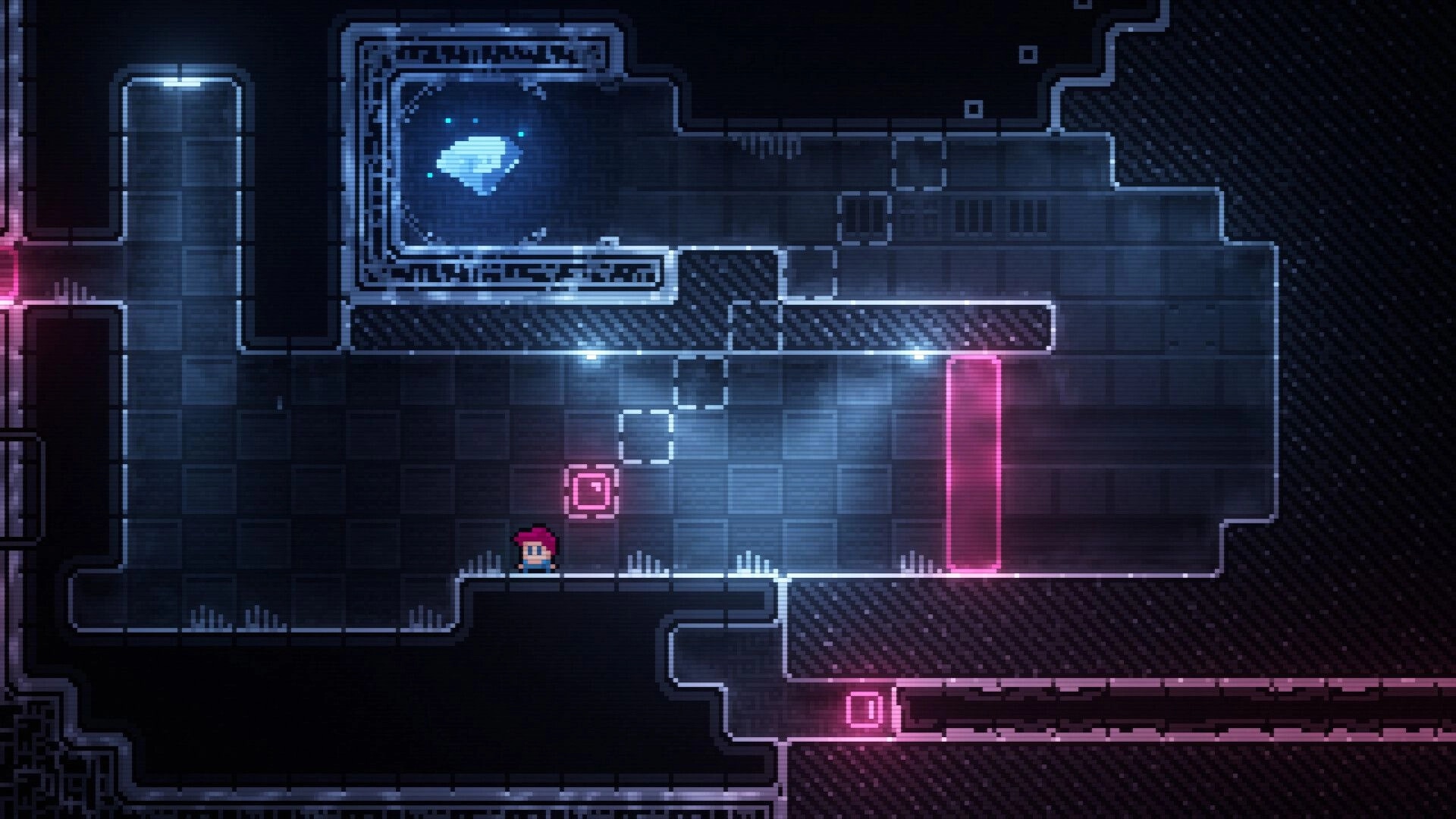 Inversion Day: Small character by a glowing pink switch in a dark sci-fi corridor with neon barriers.