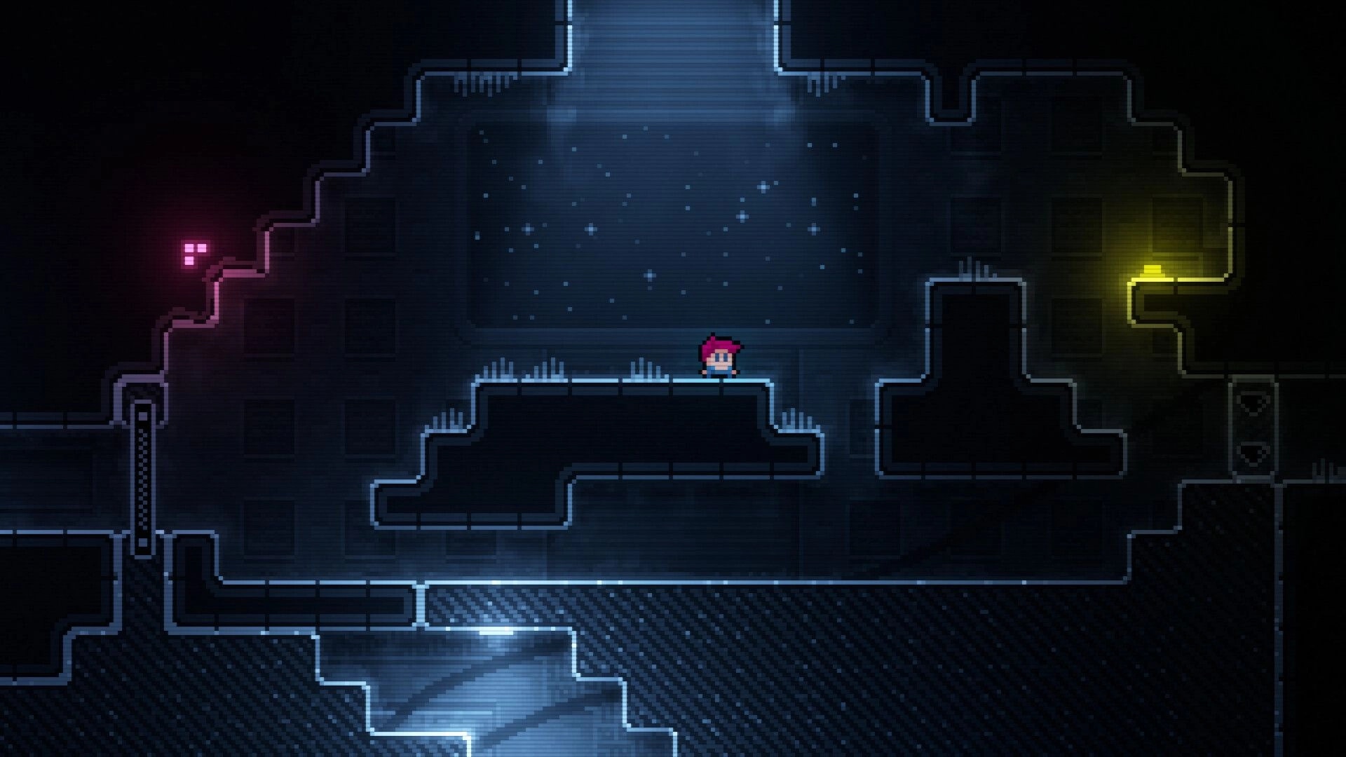 Inversion Day: Pink-haired pixel hero stands on ledge in dark sci-fi cavern with glowing portals.