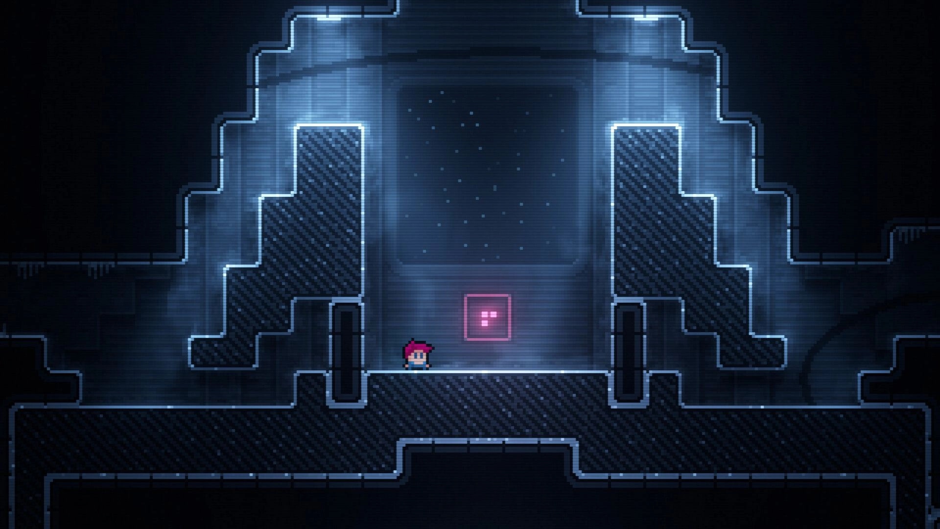 Inversion Day: Pixel hero stands by a glowing pink rune block in a dark sci-fi corridor chamber.