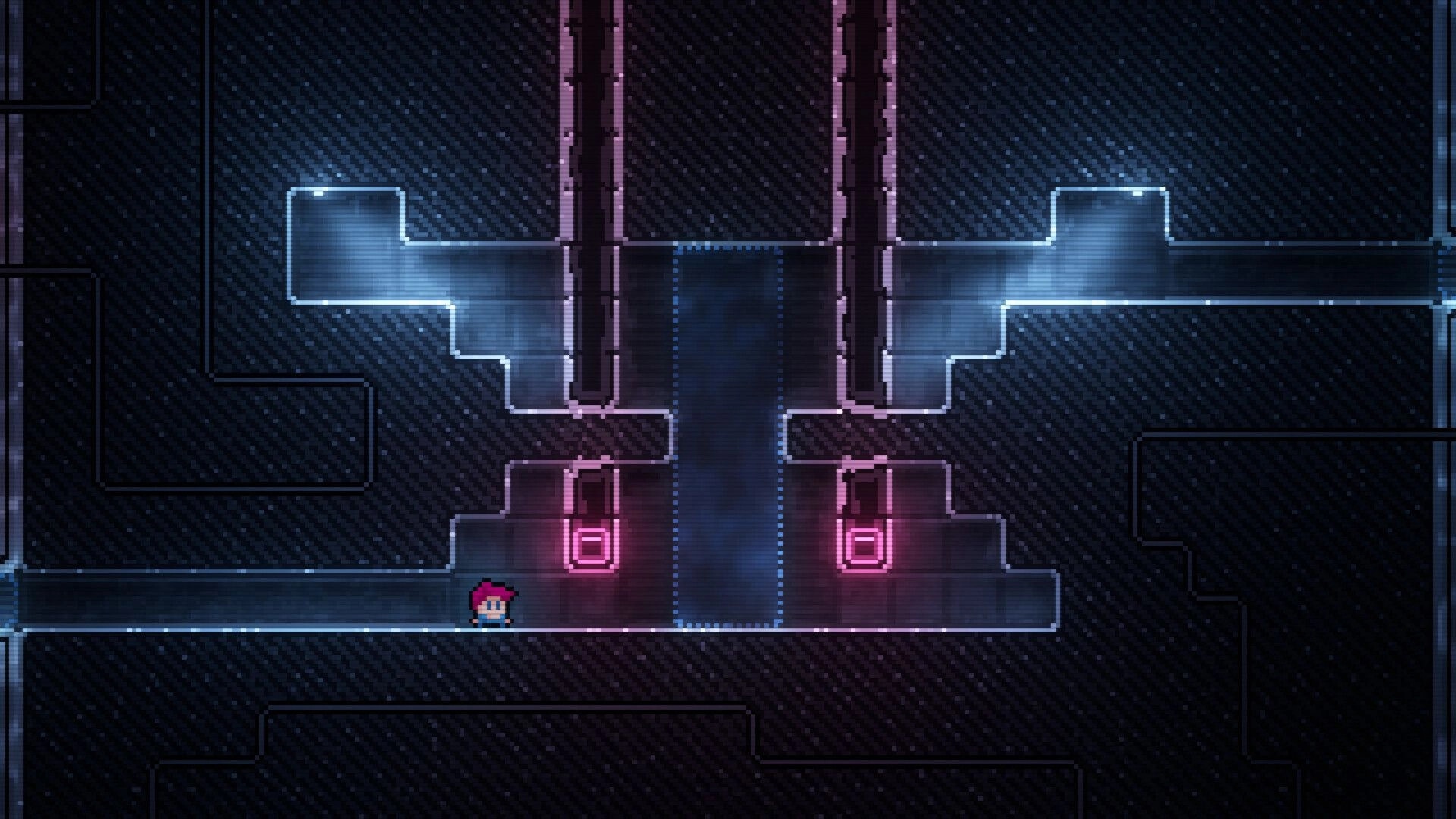 Inversion Day: Pixel hero stands by neon switches and a dotted barrier in a metallic sci-fi corridor.