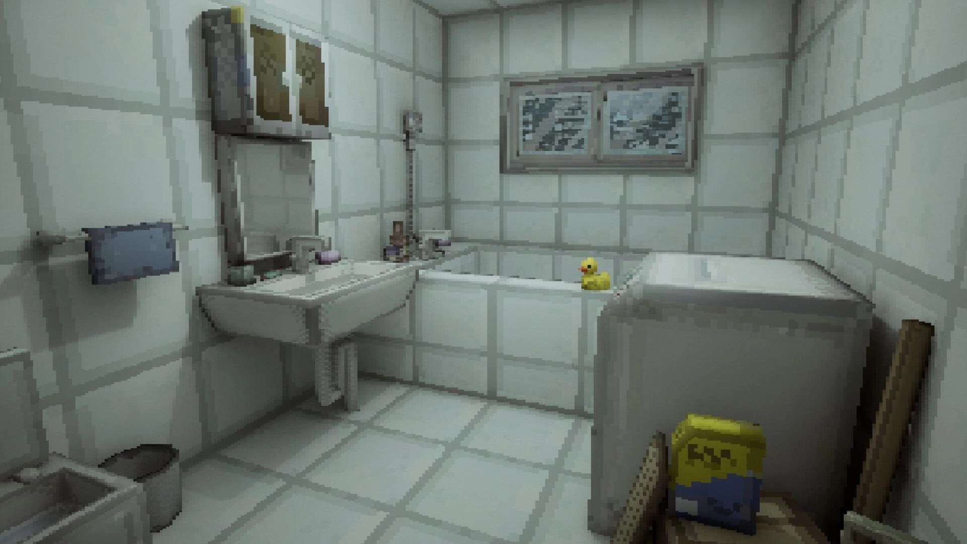 Invisum Piscium 嫌魚: Empty tiled bathroom with sink, mirror, bathtub and rubber duck under window.
