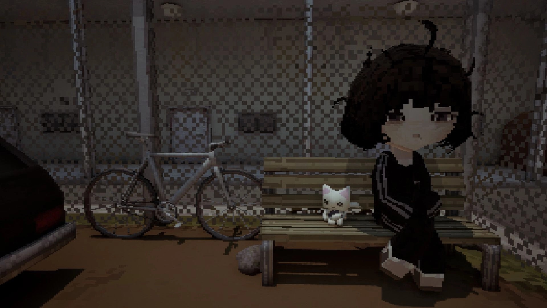 Invisum Piscium 嫌魚: Girl walks past a cat on a bench beside a bicycle in a dim alleyway.