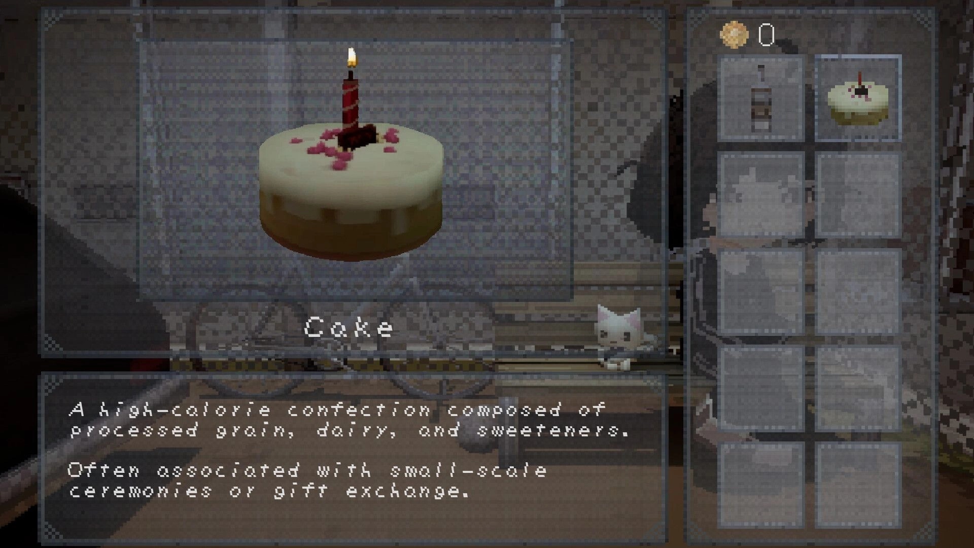 Invisum Piscium 嫌魚: Inventory screen highlighting a cake item with description text over a dim room backdrop.